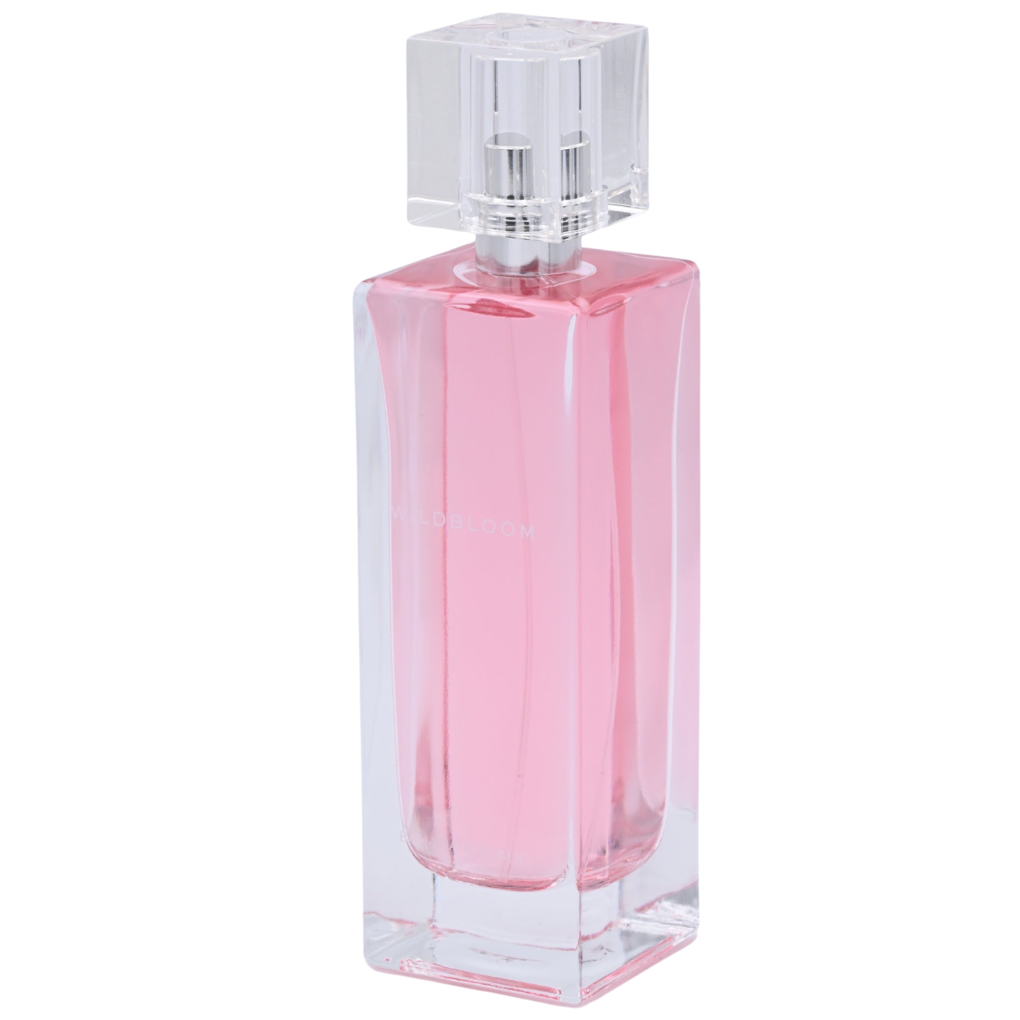 Pink perfume bottle with a clear cap on a white background