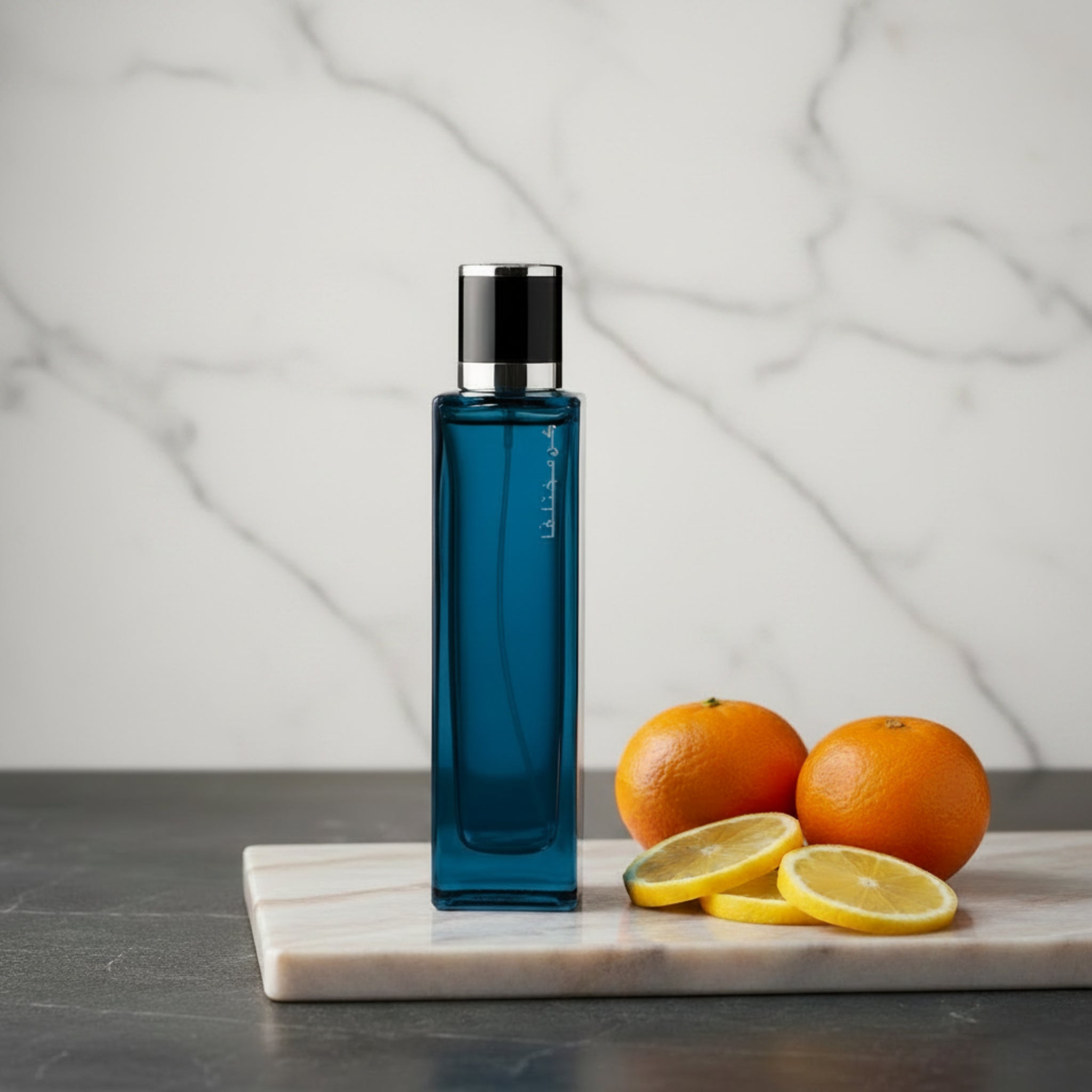 Blue perfume bottle with black cap on a white background