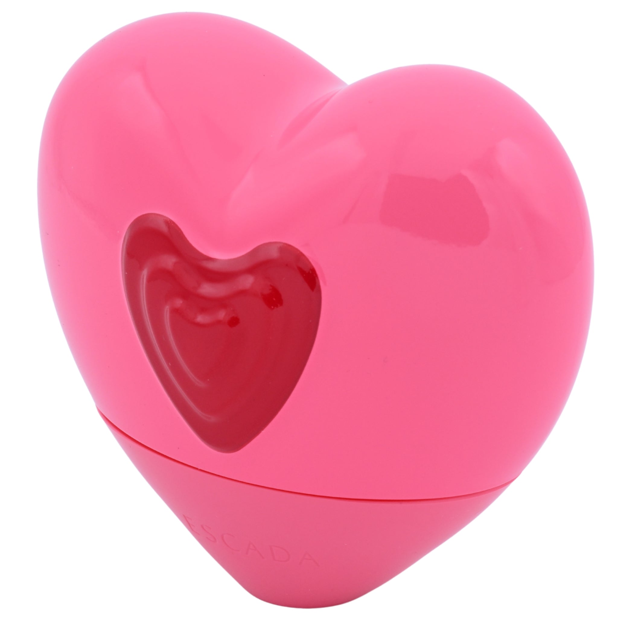 Pink heart-shaped Escada candy love perfume bottle on a white background