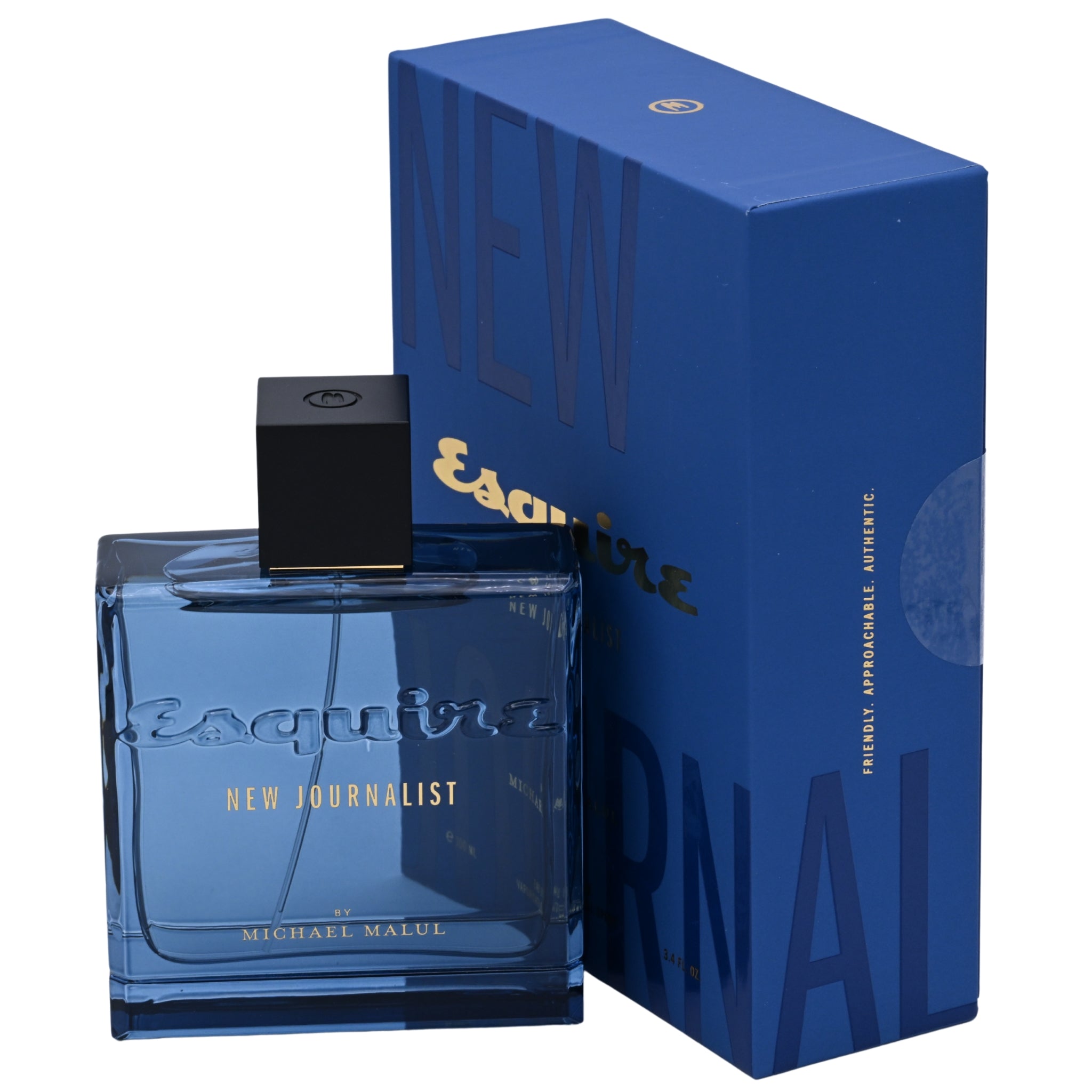 Blue perfume bottle and packaging with 'Esquire' branding on a white background