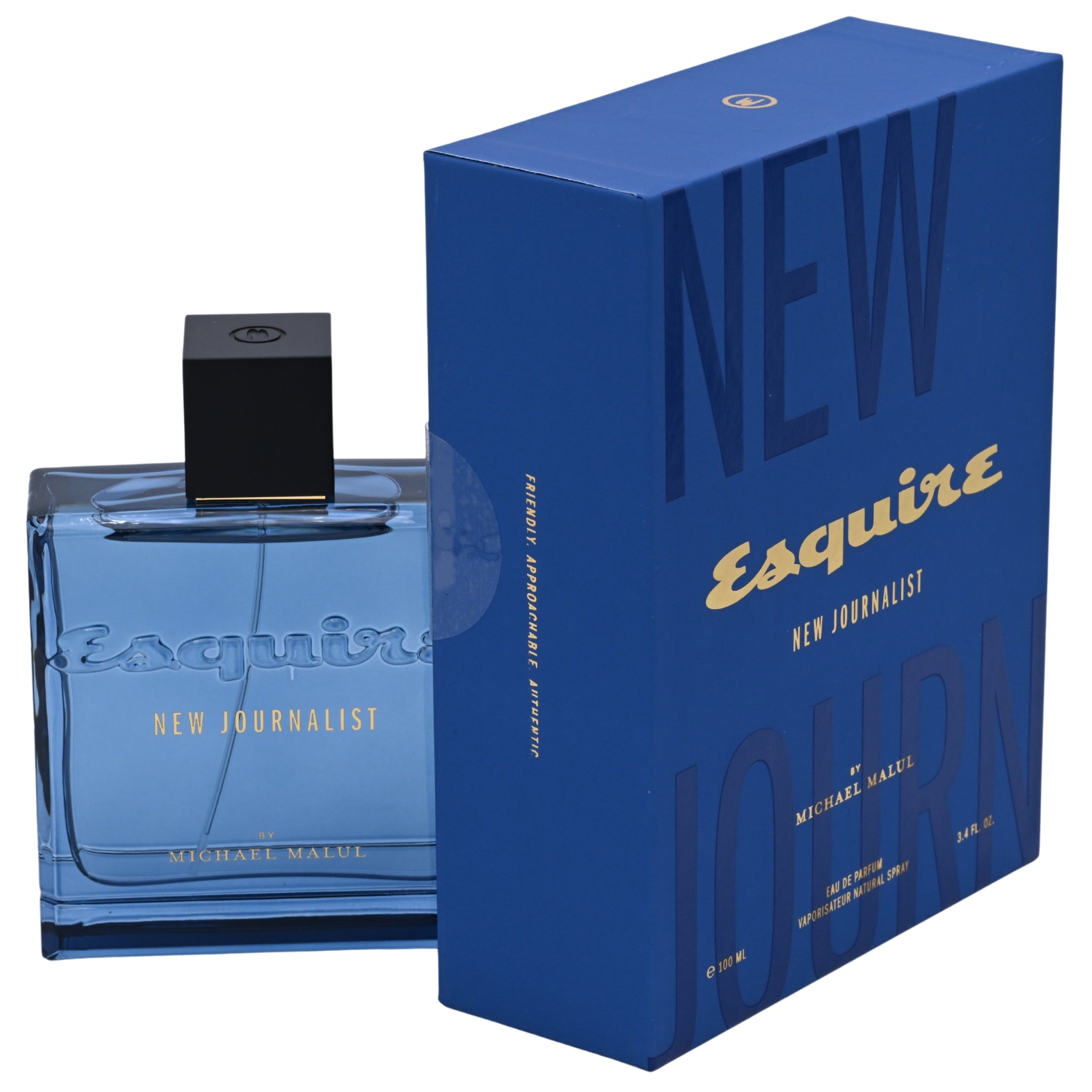 Blue Esquire New Journalist perfume bottle and packaging on a white background
