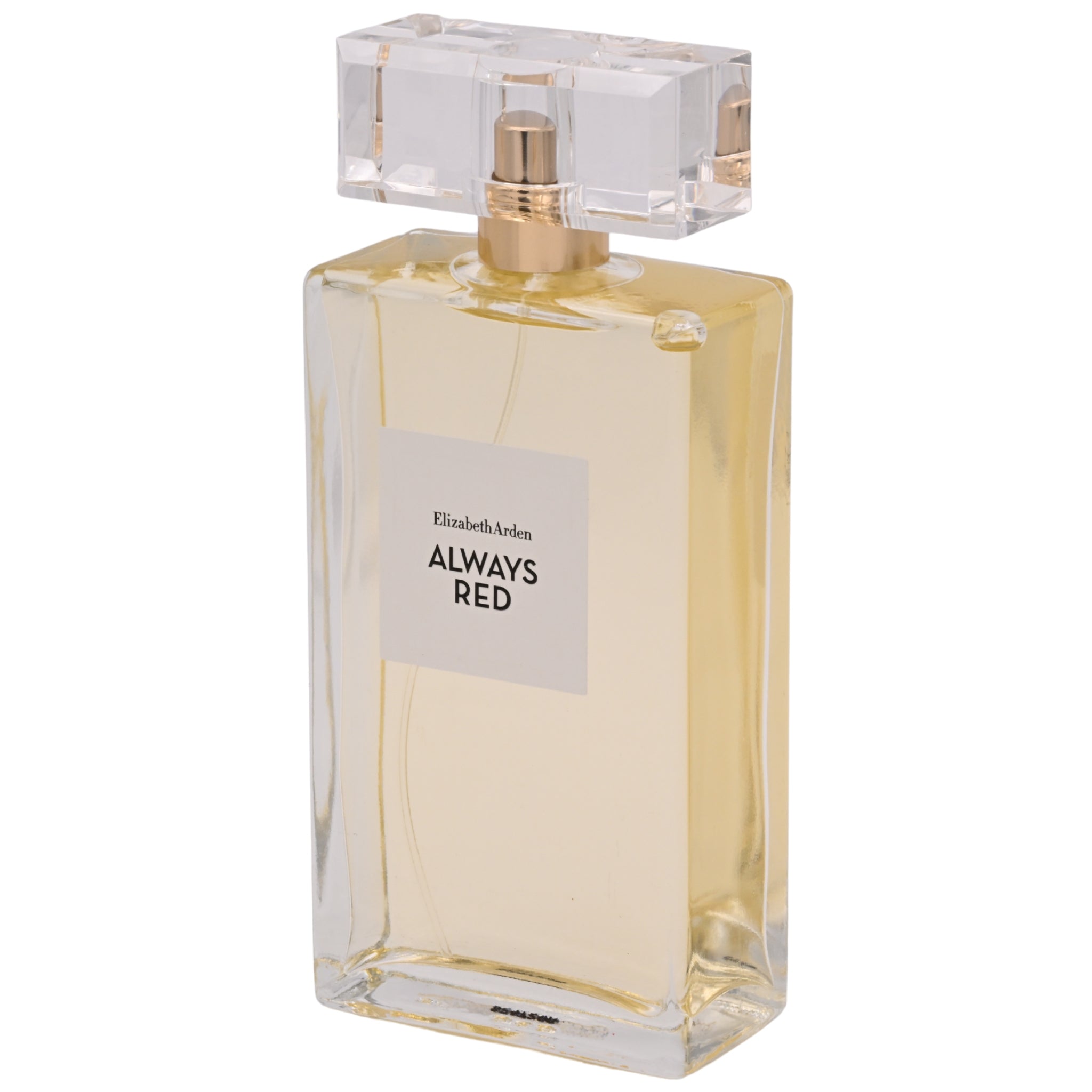 Perfume bottle labeled 'Always Red' by Elizabeth Arden on a white background