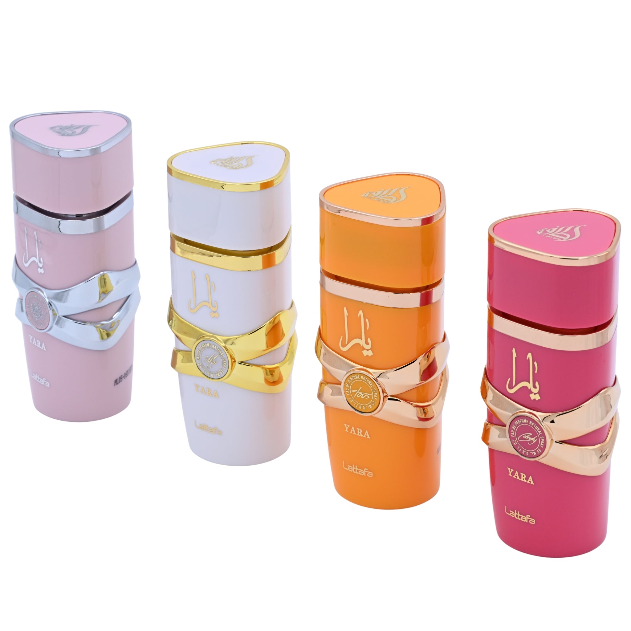 Four colorful perfume bottles with gold accents and 'Yara' branding on a white background