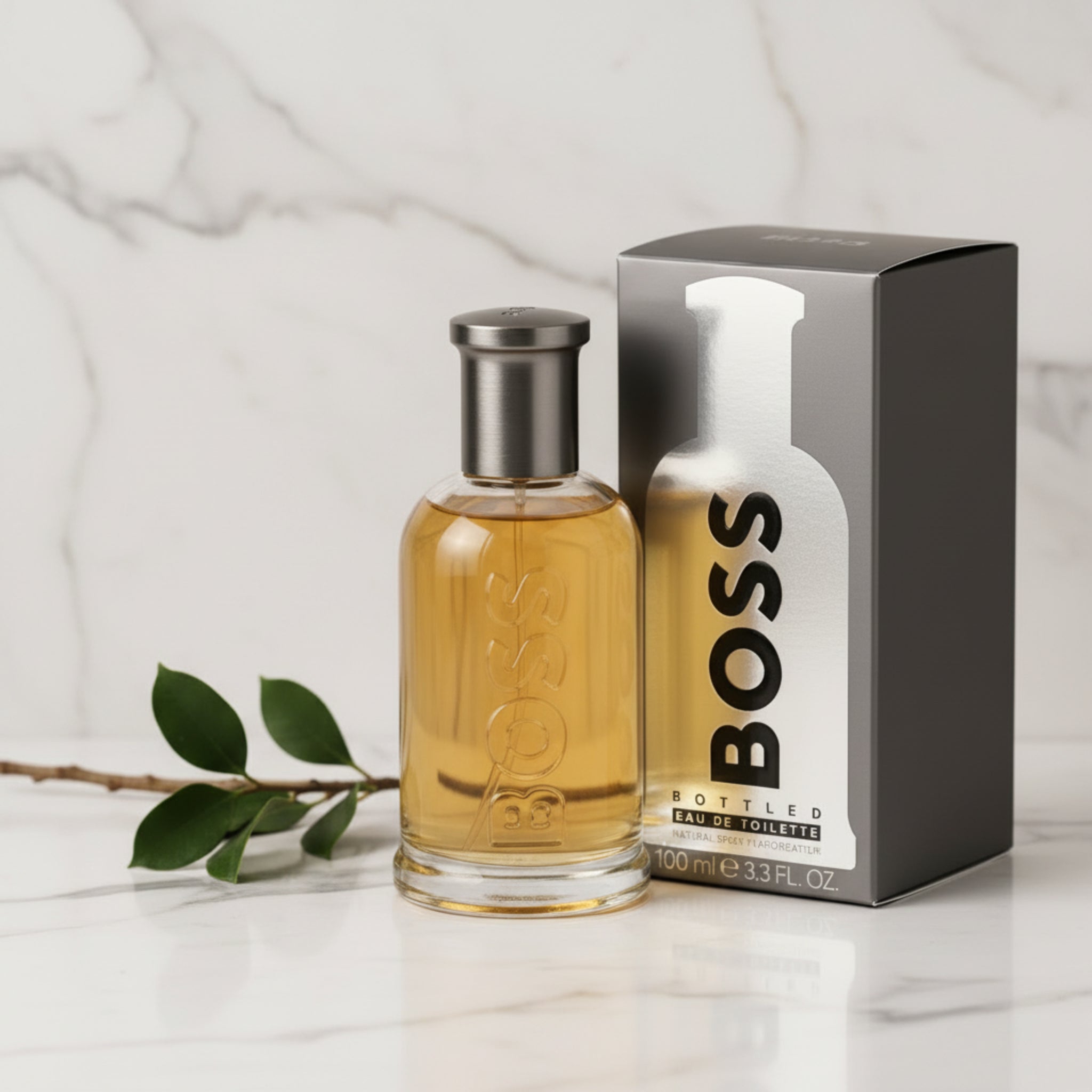 BOSS bottled eau de toilette with packaging on a white background