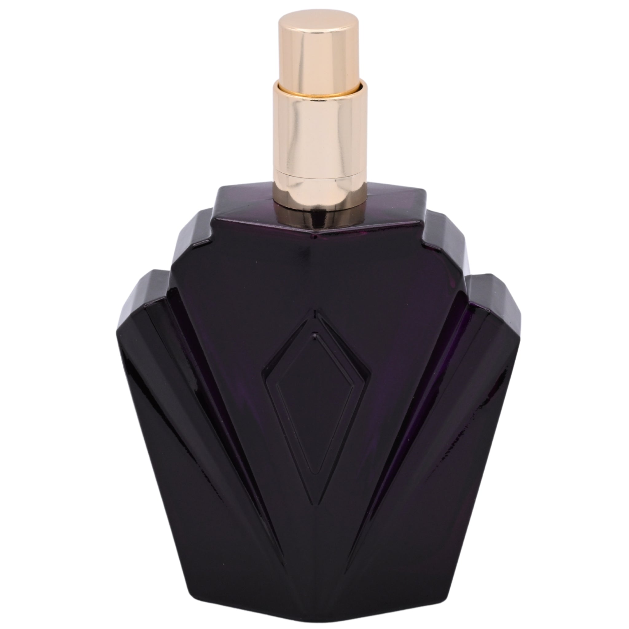 Black perfume bottle with gold cap on a white background
