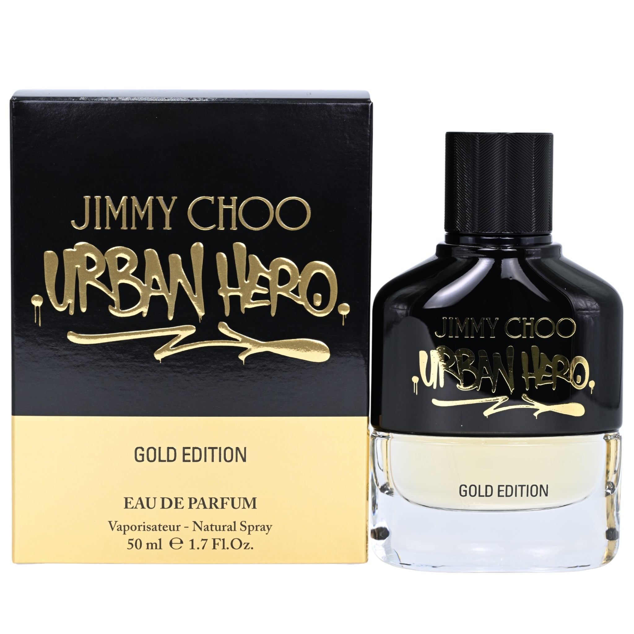 Urban Hero Gold Edition by Jimmy Choo perfume bottle and box on a white background
