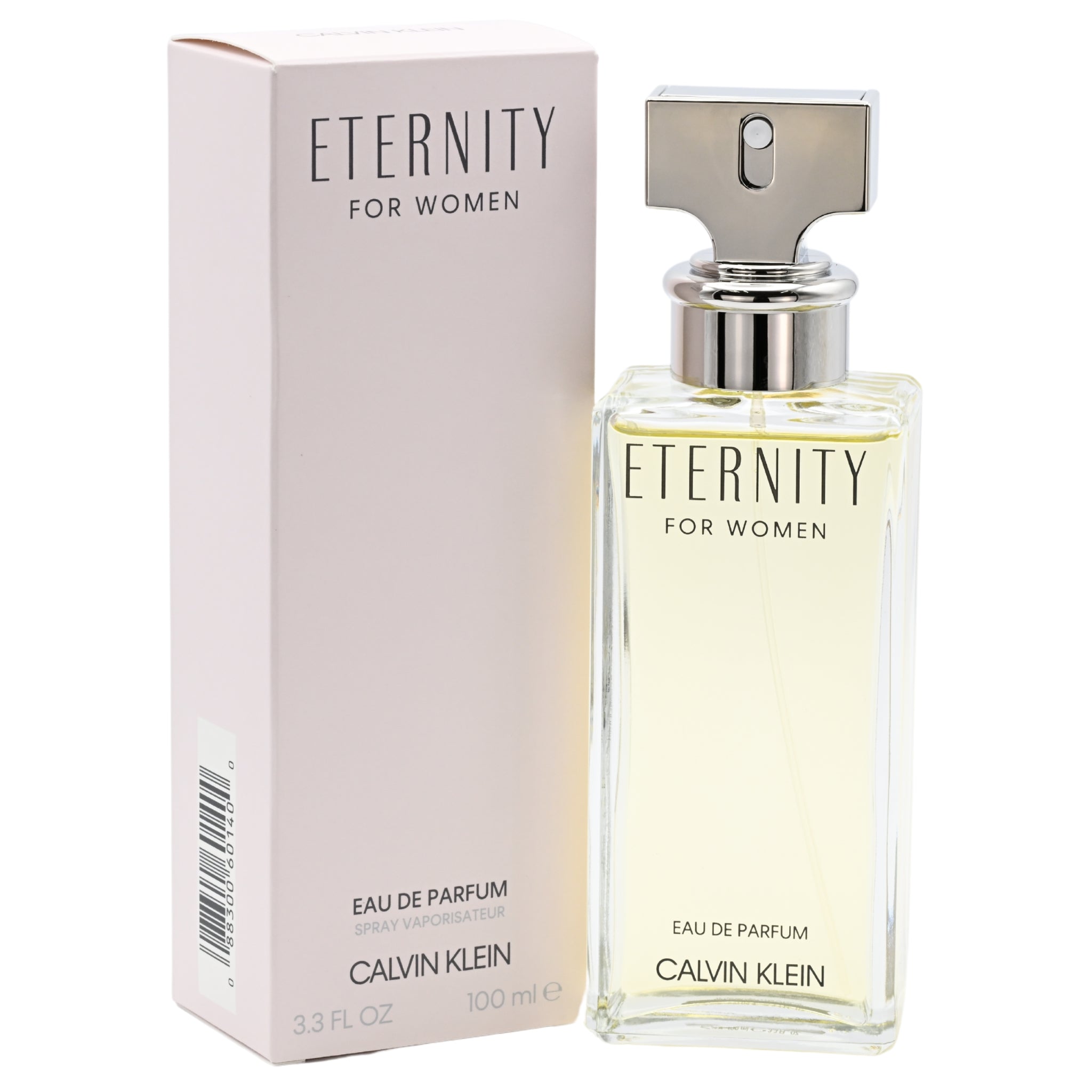 Calvin Klein Eternity 3.3 / 3.4 oz for women Eau de Parfum bottle and packaging on a white background