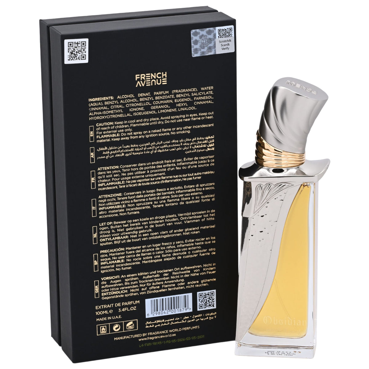French Avenue Obsidian Extrait de Parfum Spray Unisex 3.4 oz New Retail Box 6298042001879