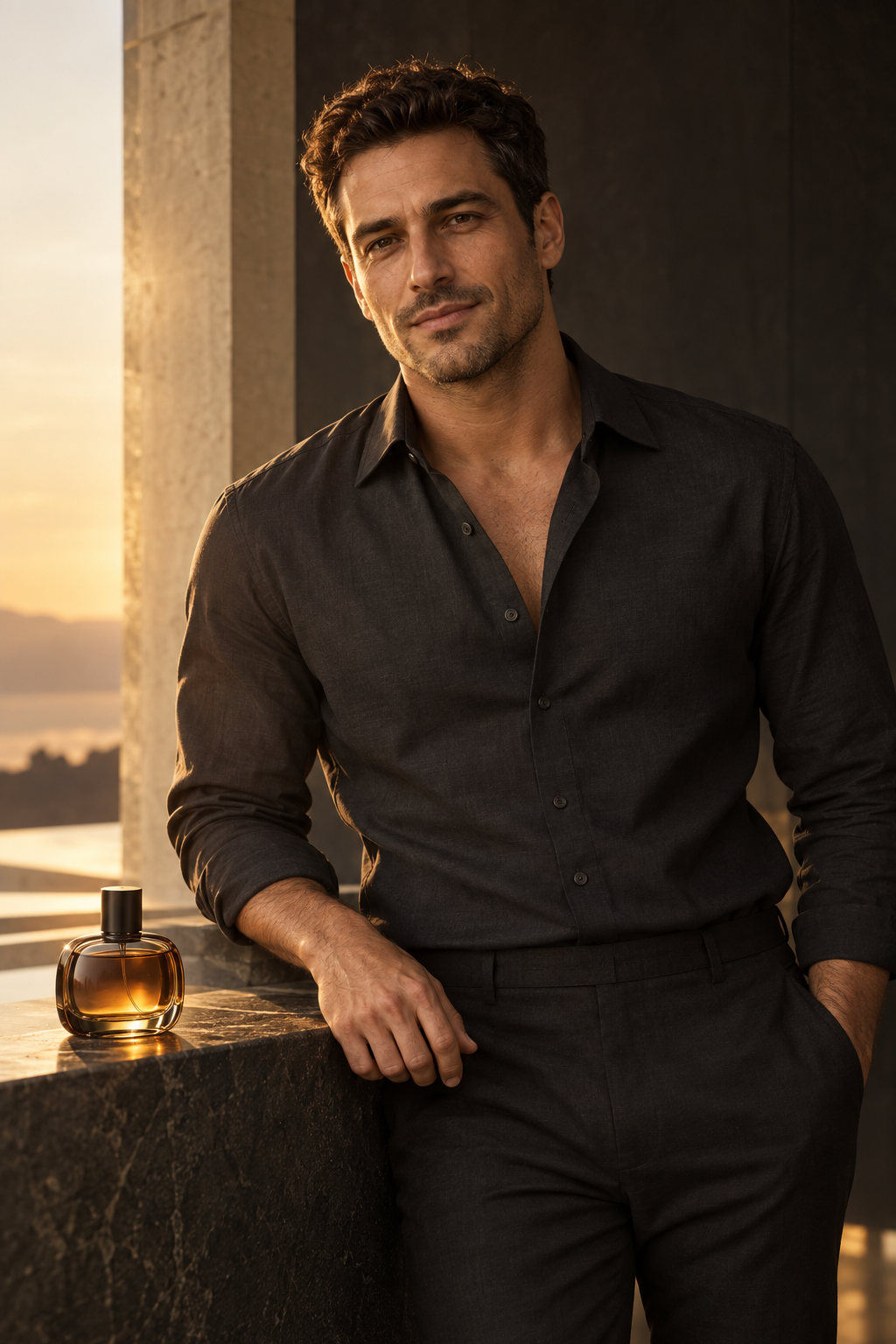 Man in a charcoal shirt beside an unbranded cologne bottle in warm evening light.