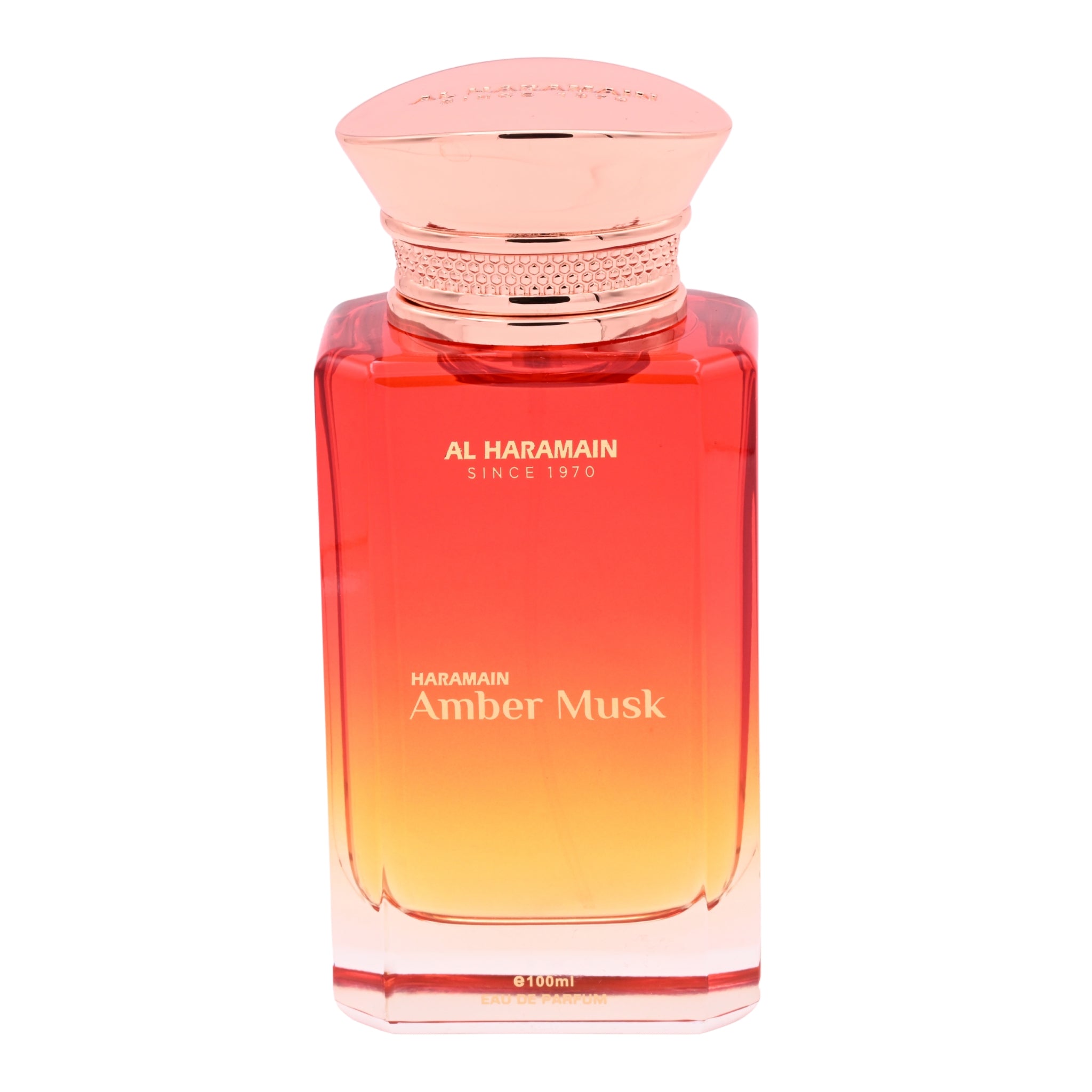 Perfume bottle of Al Haramain Amber Musk on a white background