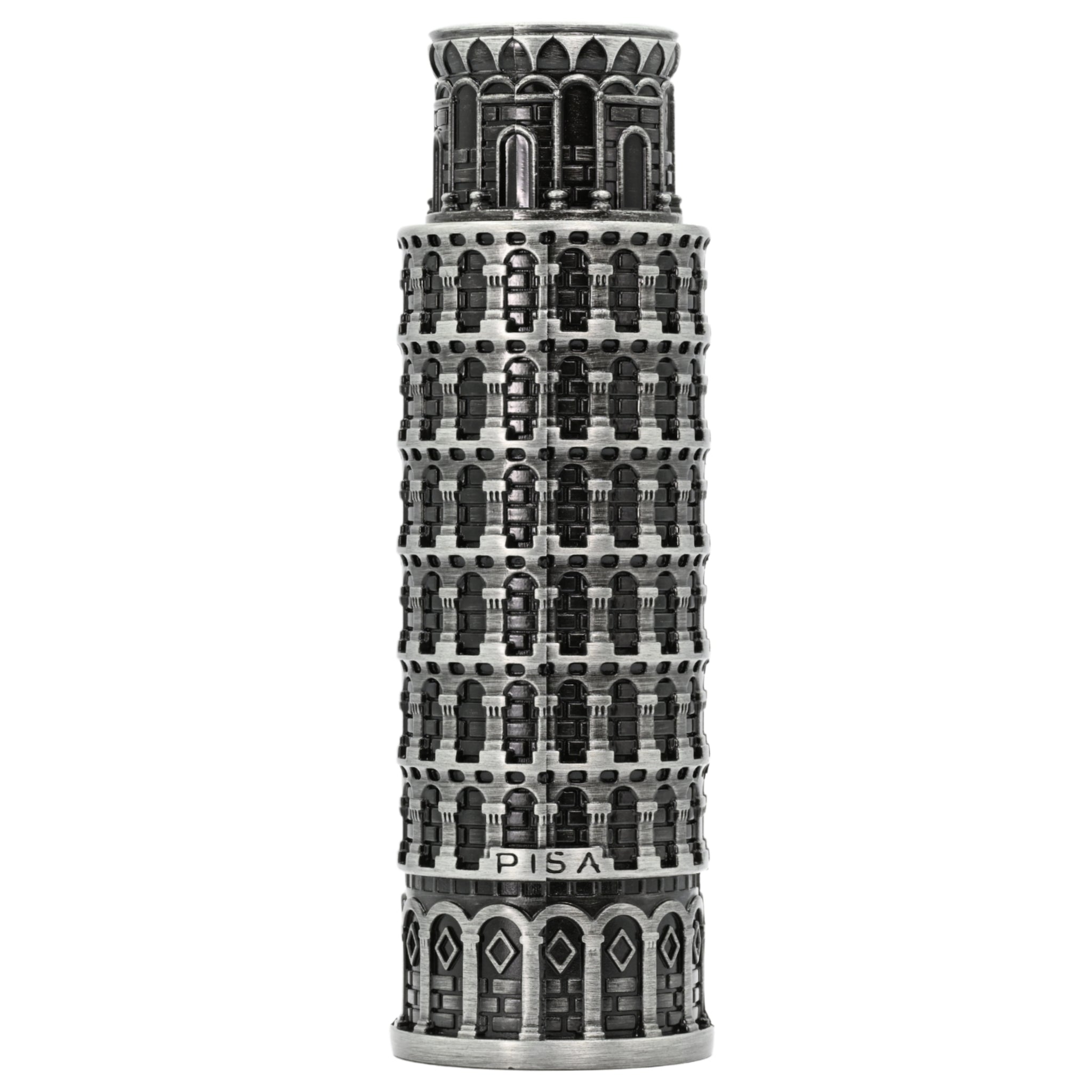 Perfume bottle designed like the Leaning Tower of Pisa on a white background