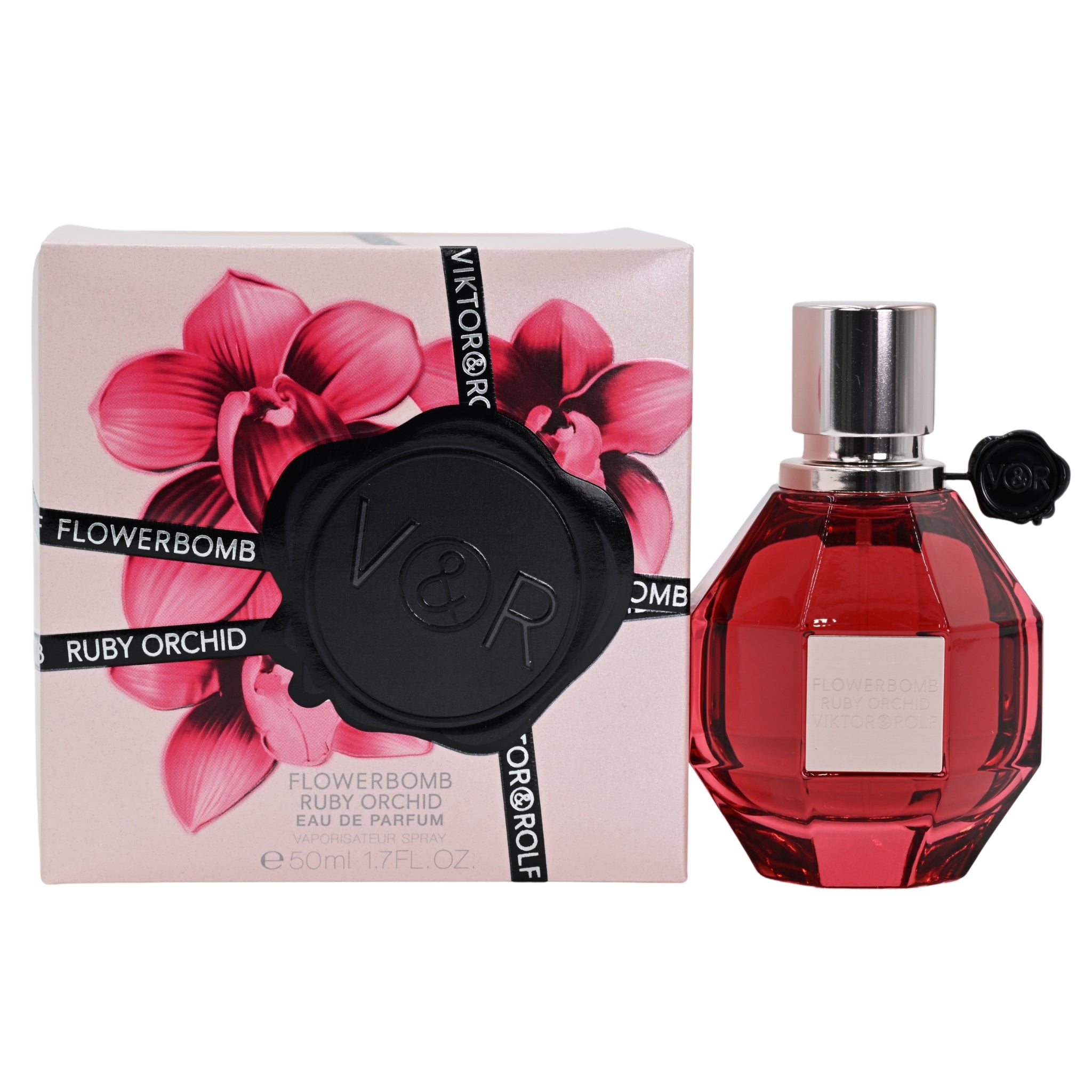 Viktor & Rolf Flowerbomb Ruby Orchid perfume bottle and packaging on a white background