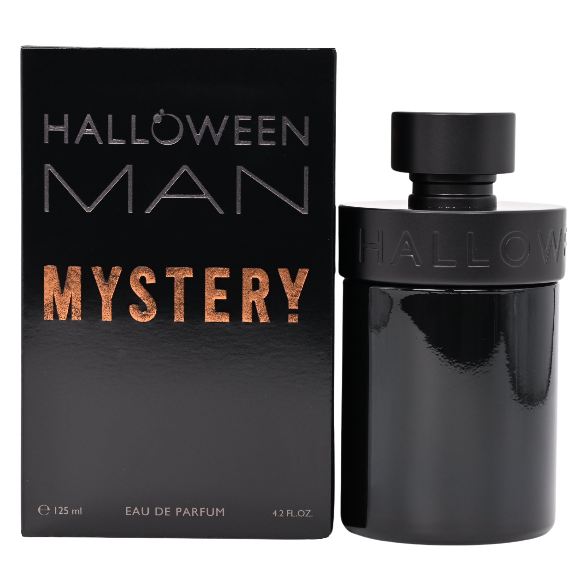 Black Halloween Man Mystery perfume bottle and packaging on a white background
