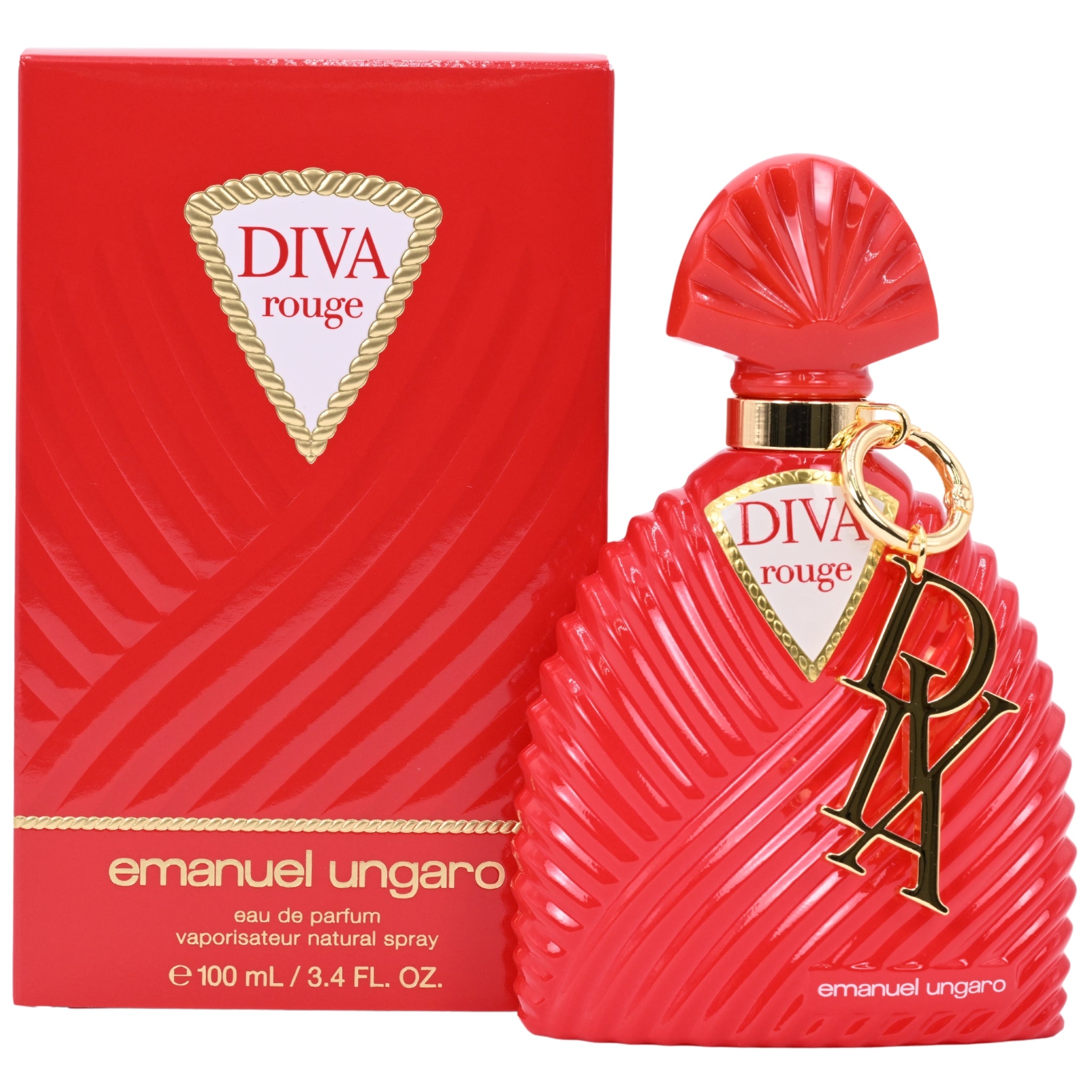 Red 'Diva Rouge' perfume bottle and packaging by Emanuel Ungaro on a white background