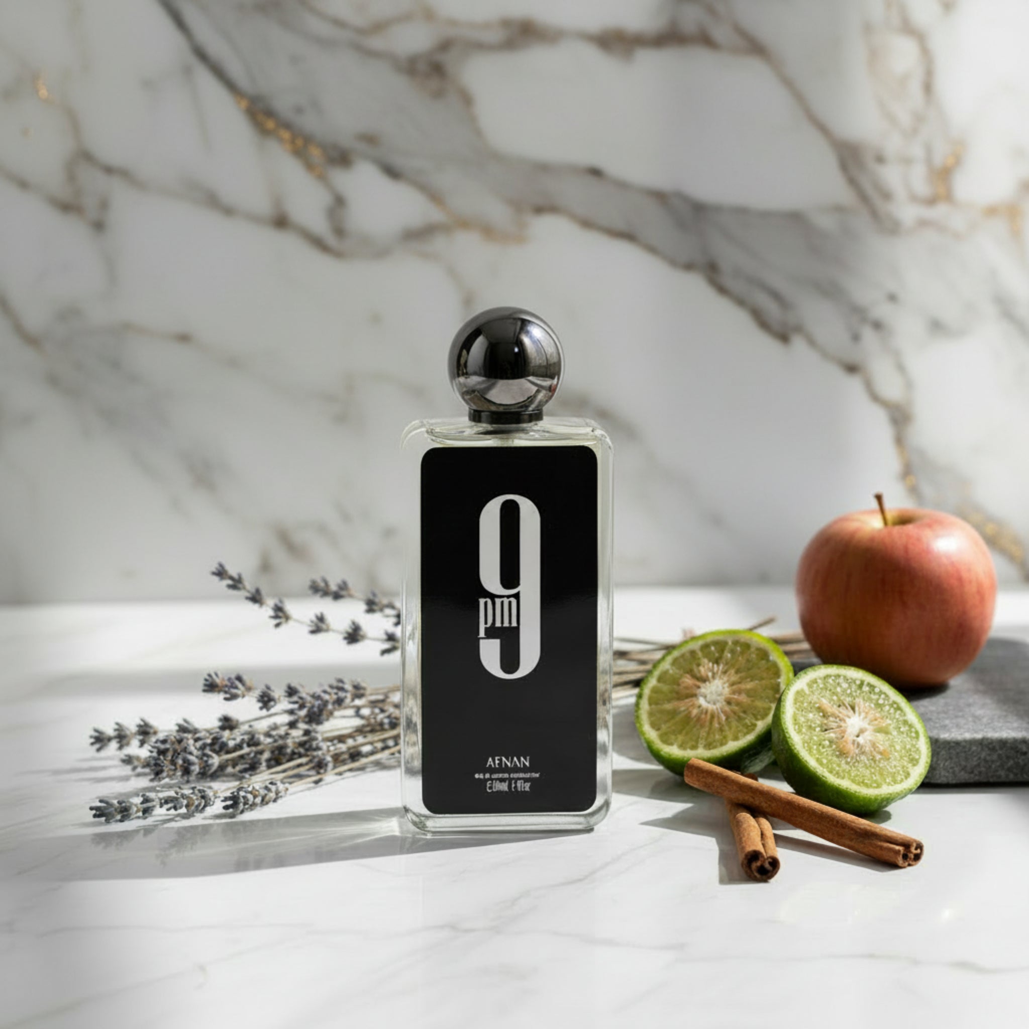 Perfume bottle with black label and silver cap on a white background