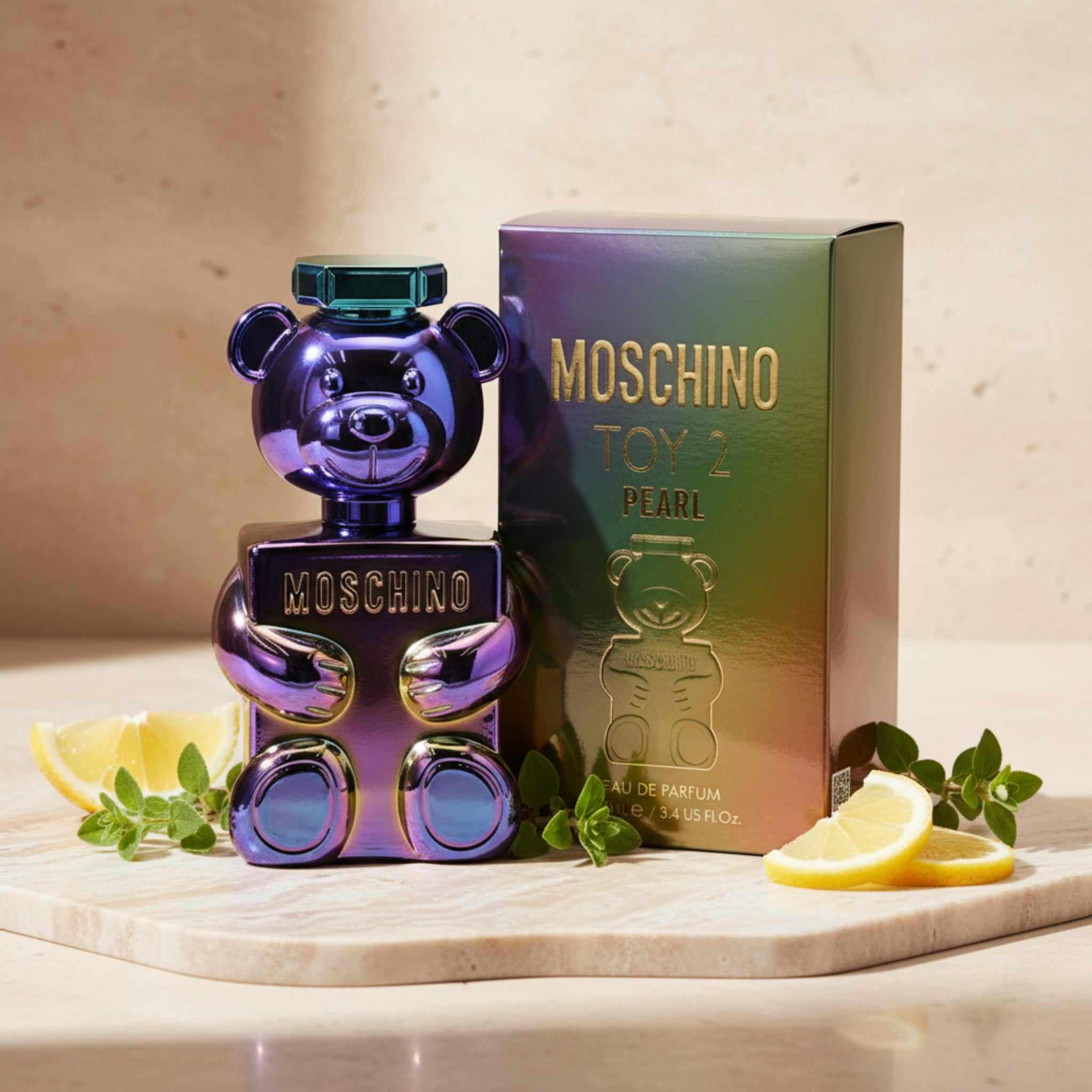 Moschino Toy 2 Pearl perfume bottle and packaging on a white background