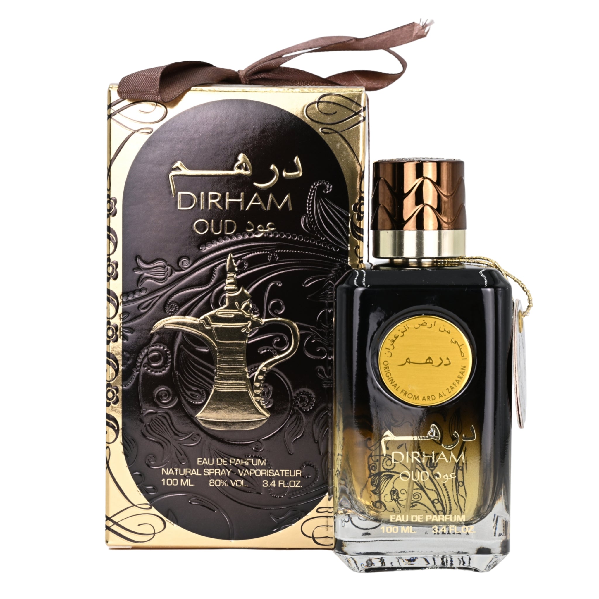 Dirham Oud perfume bottle and packaging on a white background