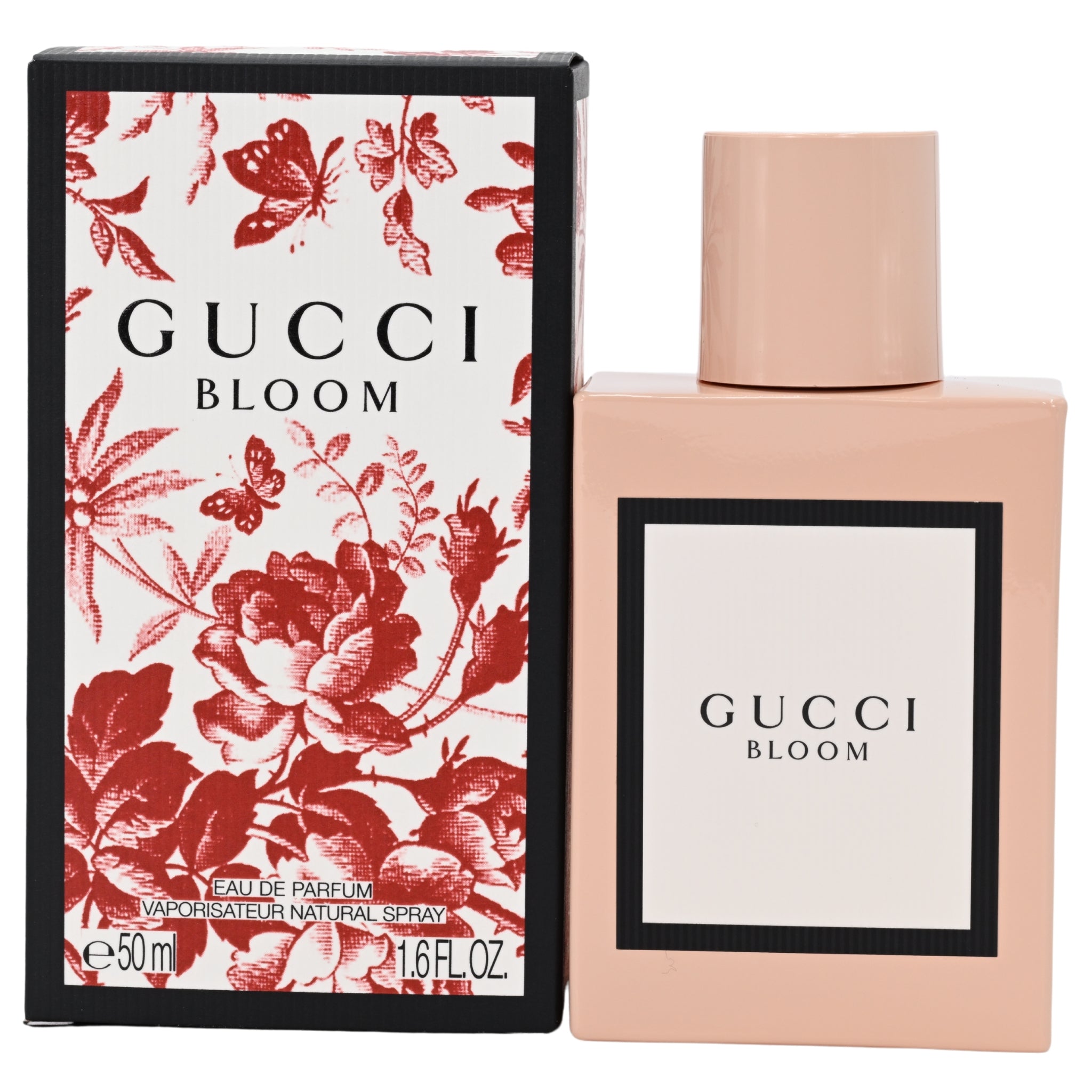 Gucci Bloom perfume bottle and packaging with floral design