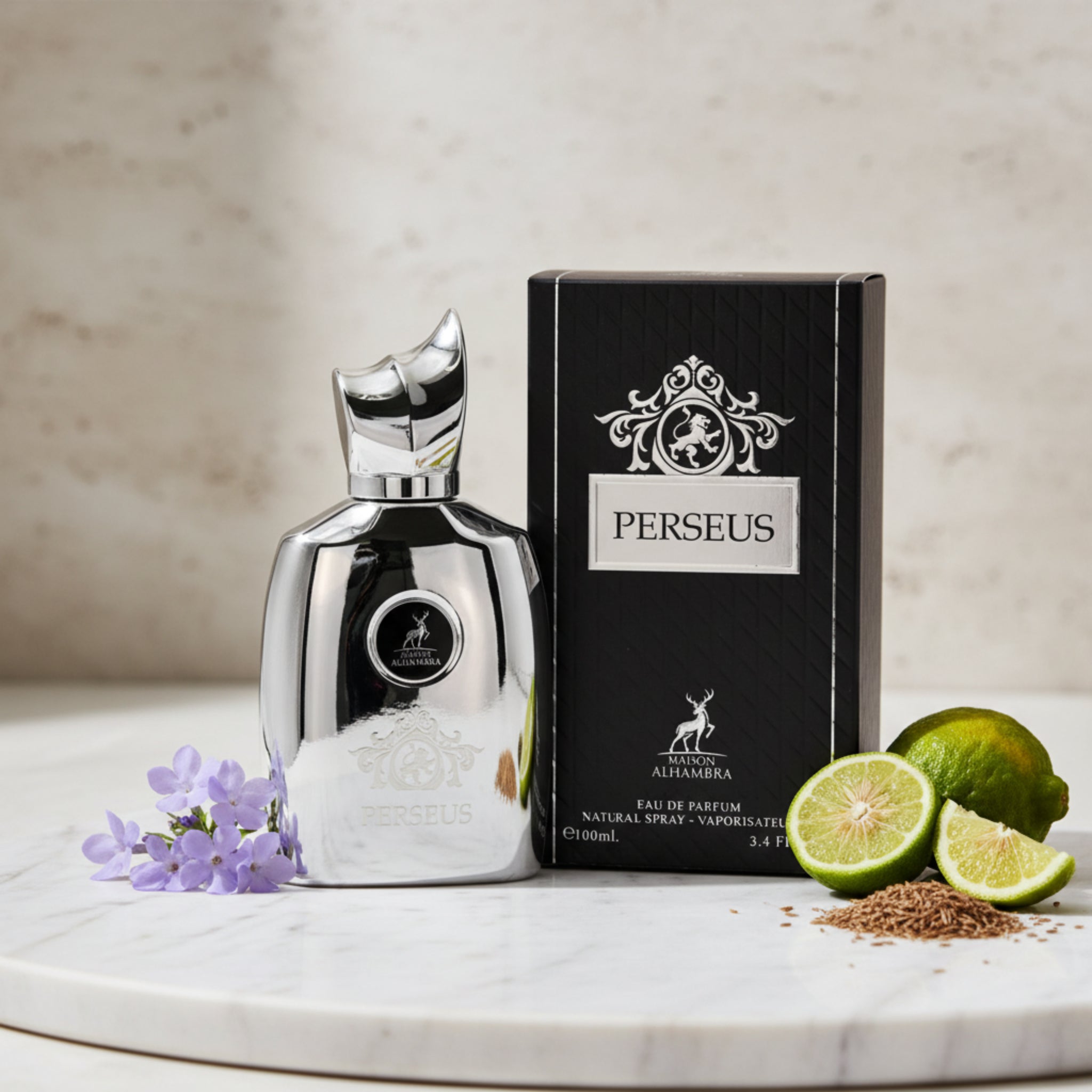 Perseus perfume bottle and packaging on a white background