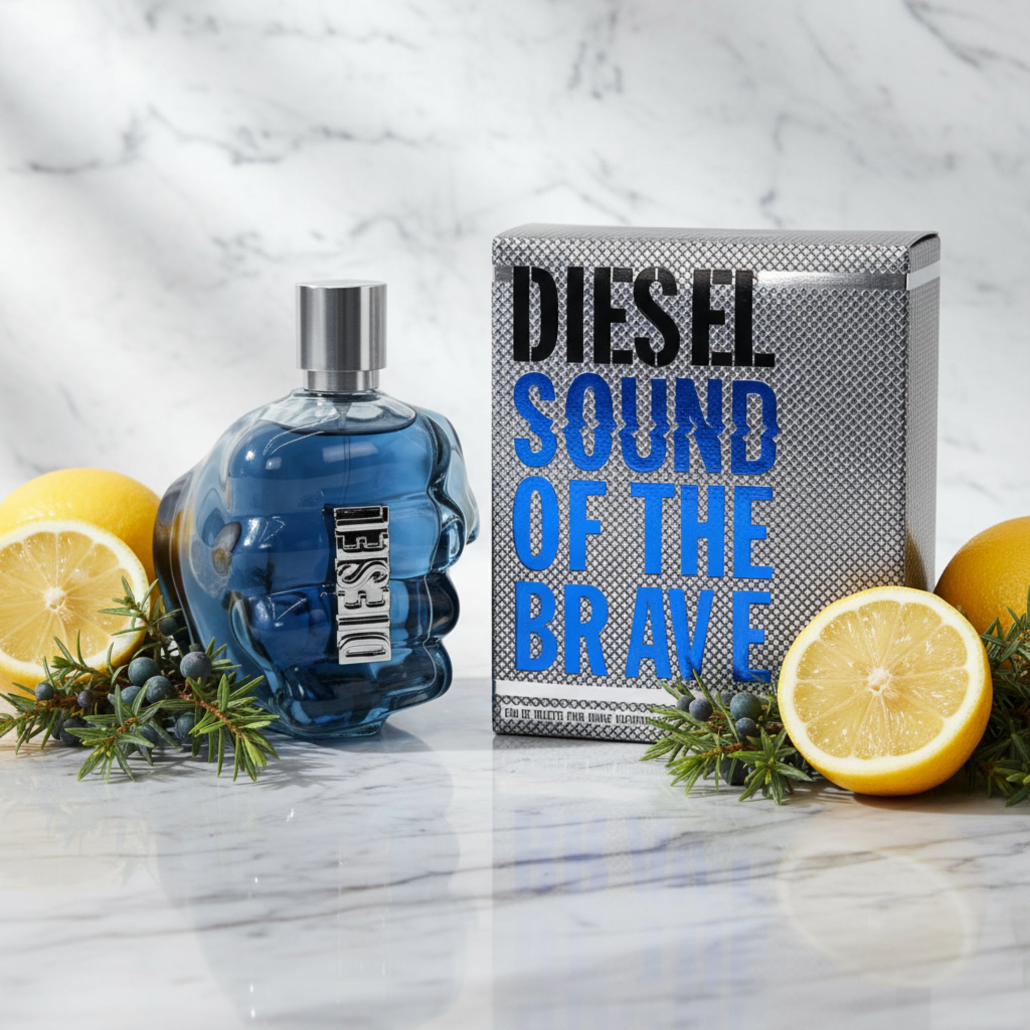 Diesel perfume bottle and packaging on a white background