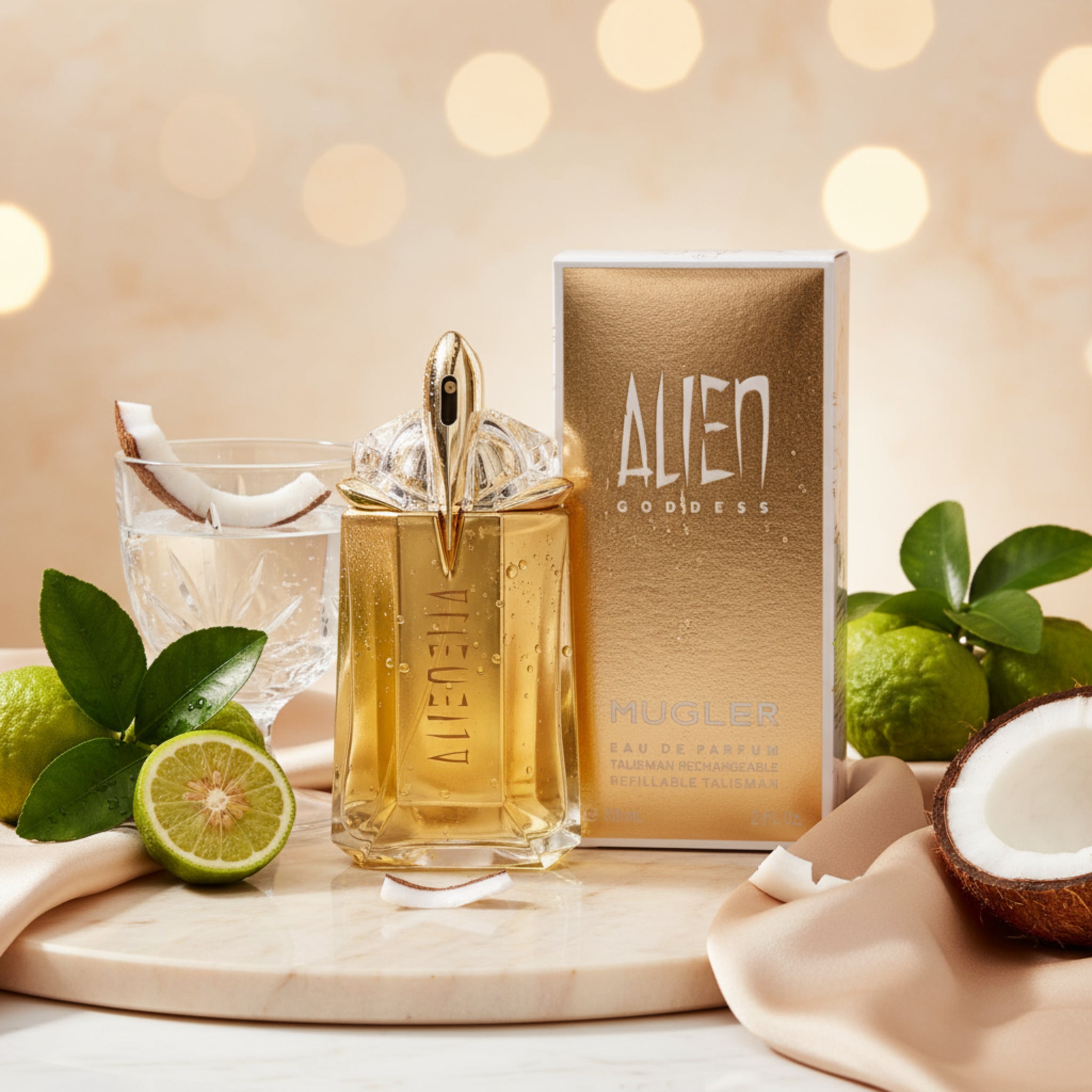 Perfume bottle and packaging with limes and a coconut on a wooden surface.