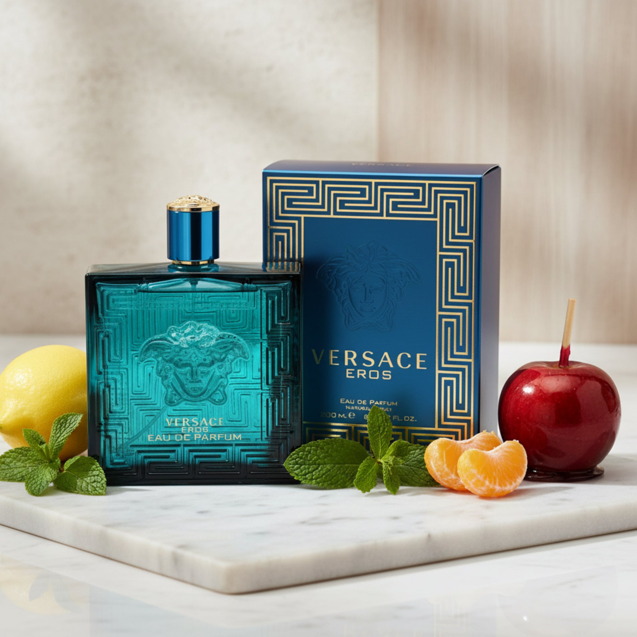 Versace Eros perfume bottle and packaging on a white background