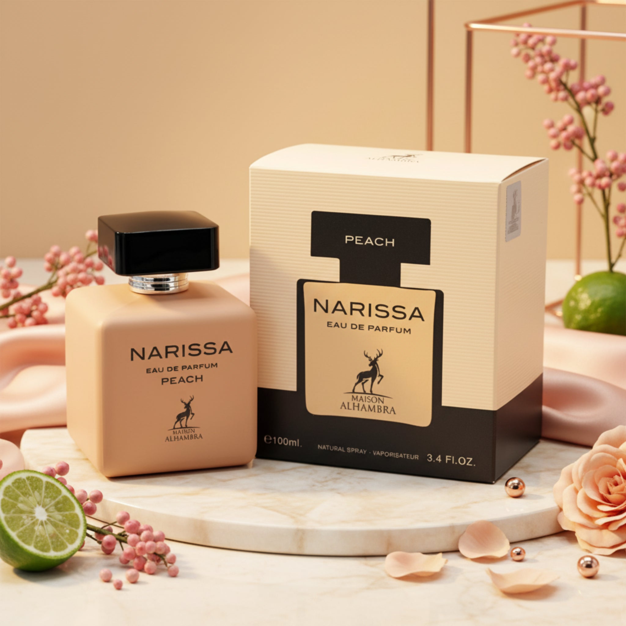 Narissa Eau de Parfum bottle and packaging on a decorative surface with flowers and limes.