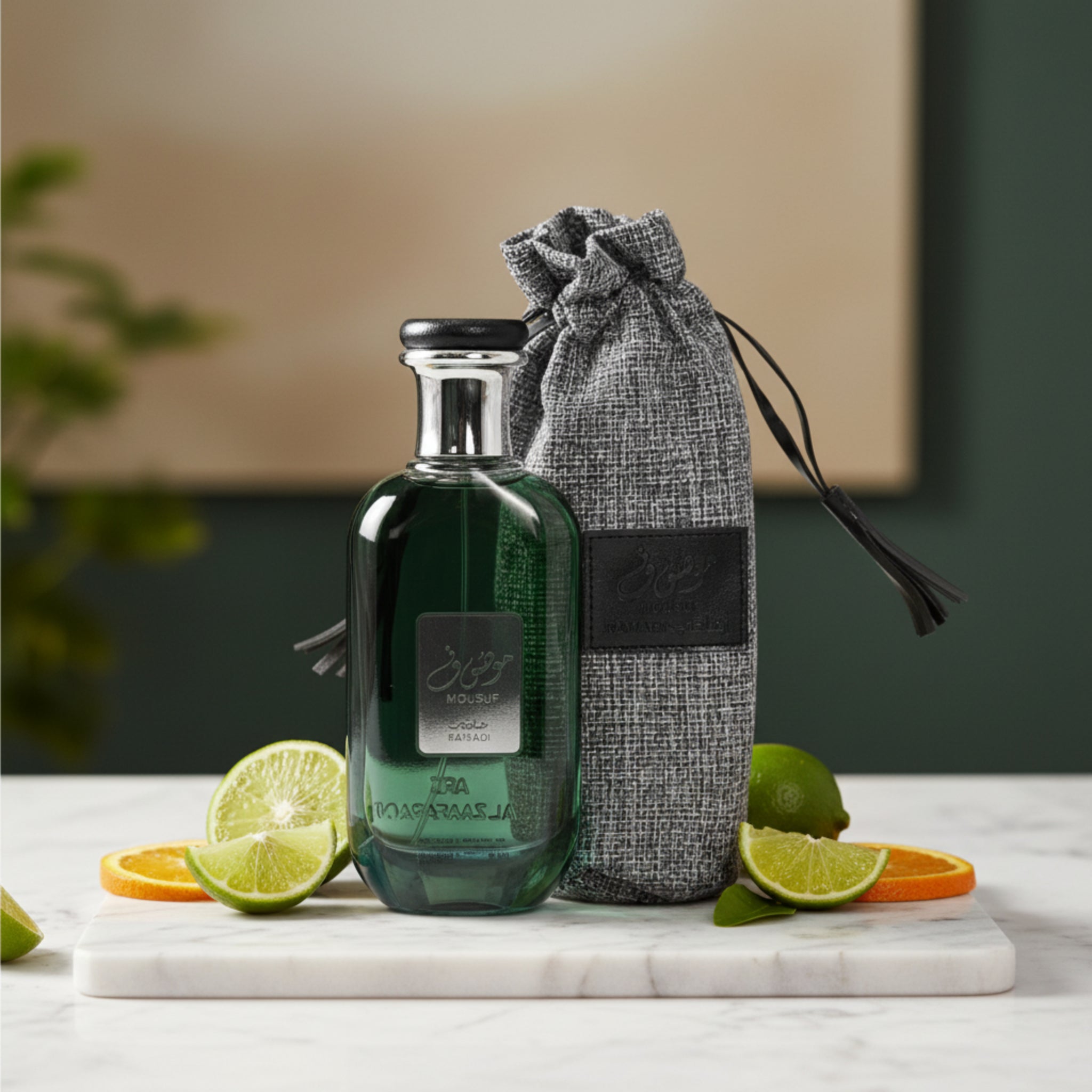 Green perfume bottle with a gray drawstring bag on a white background