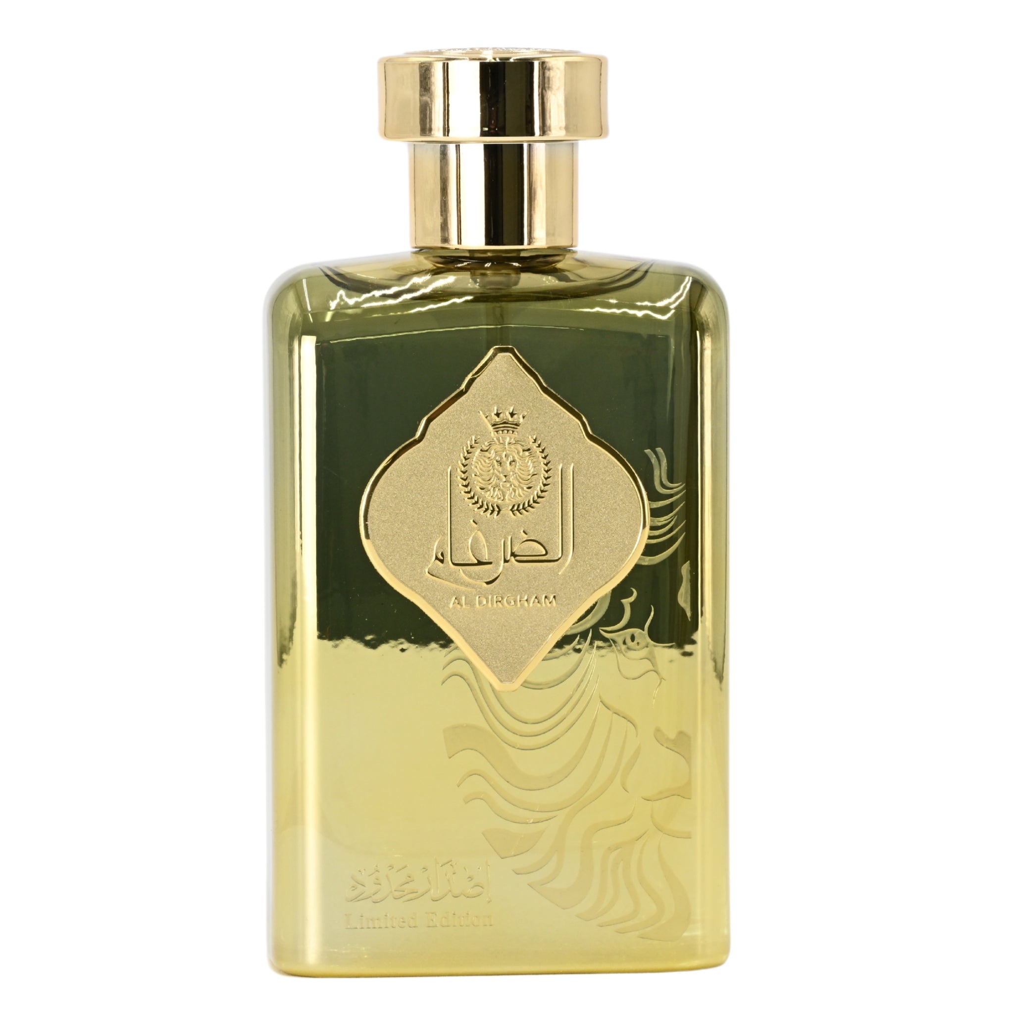 Gold perfume bottle with a decorative label on a white background