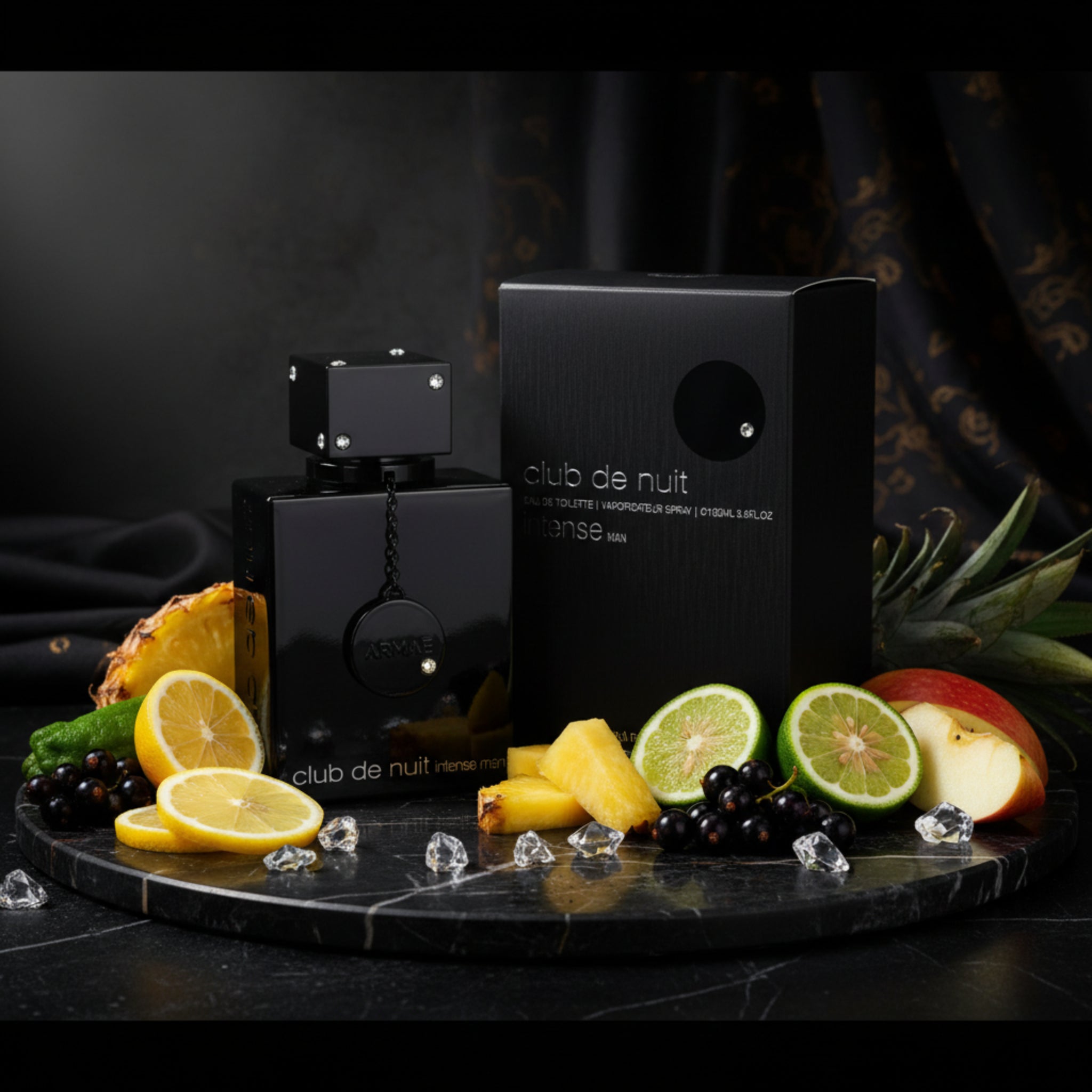 Black perfume bottle and packaging labeled 'club de nuit intense' on a white background