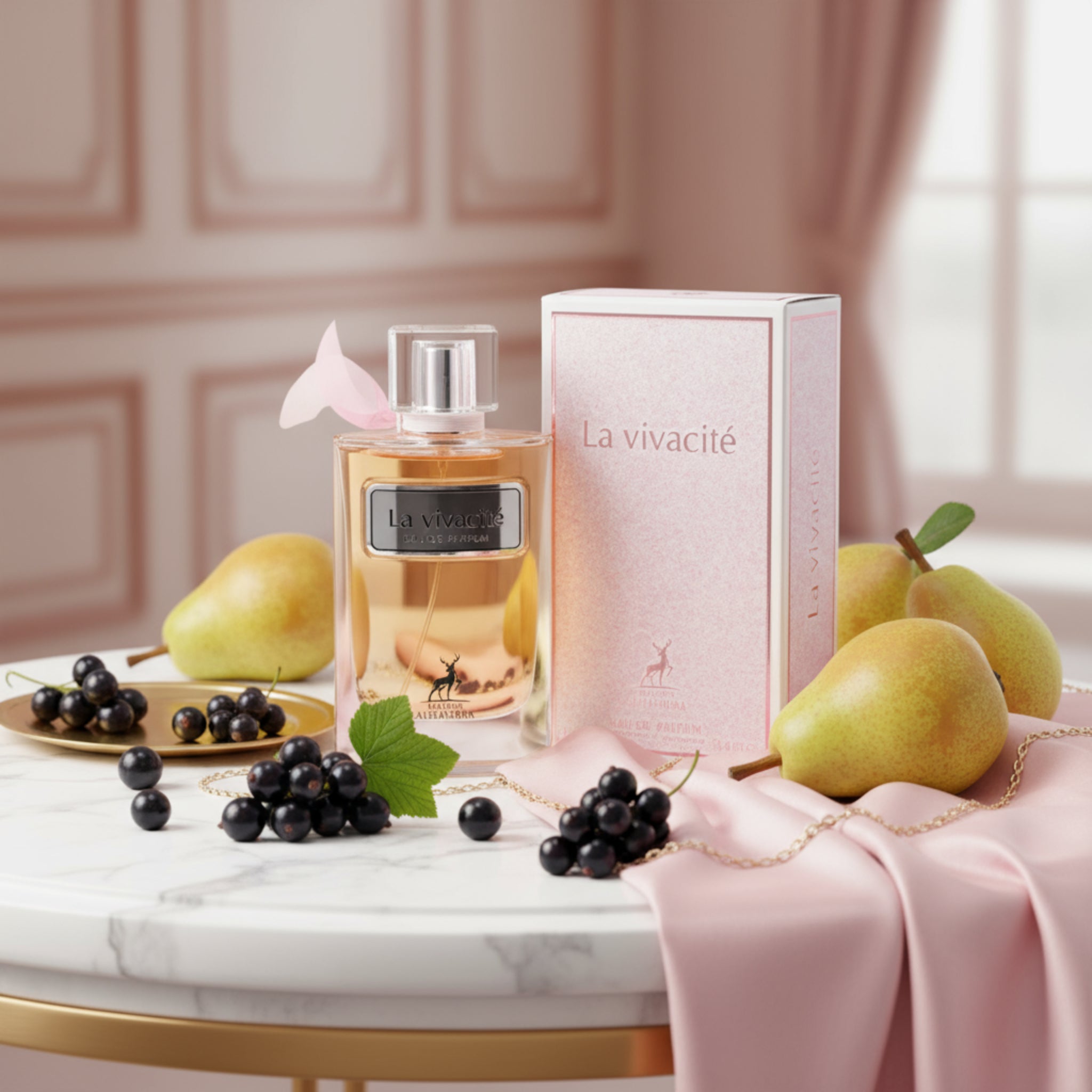 Perfume bottle and packaging of 'La vivacété' on a white background