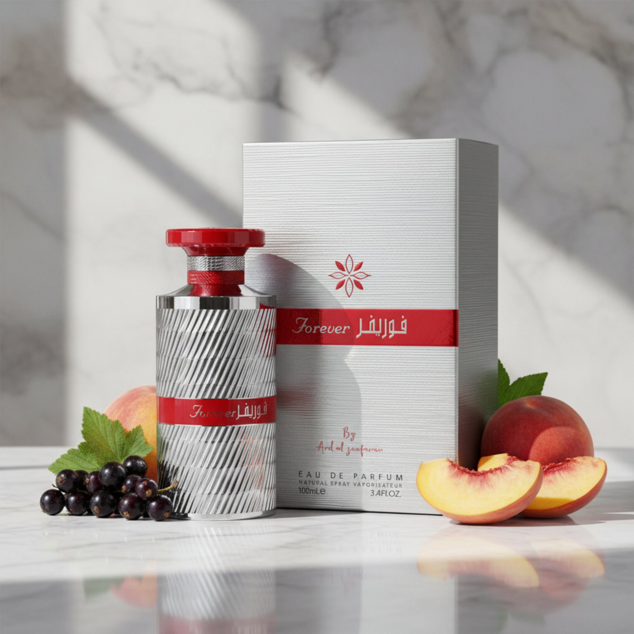 Perfume bottle and packaging with fruits on a marble surface
