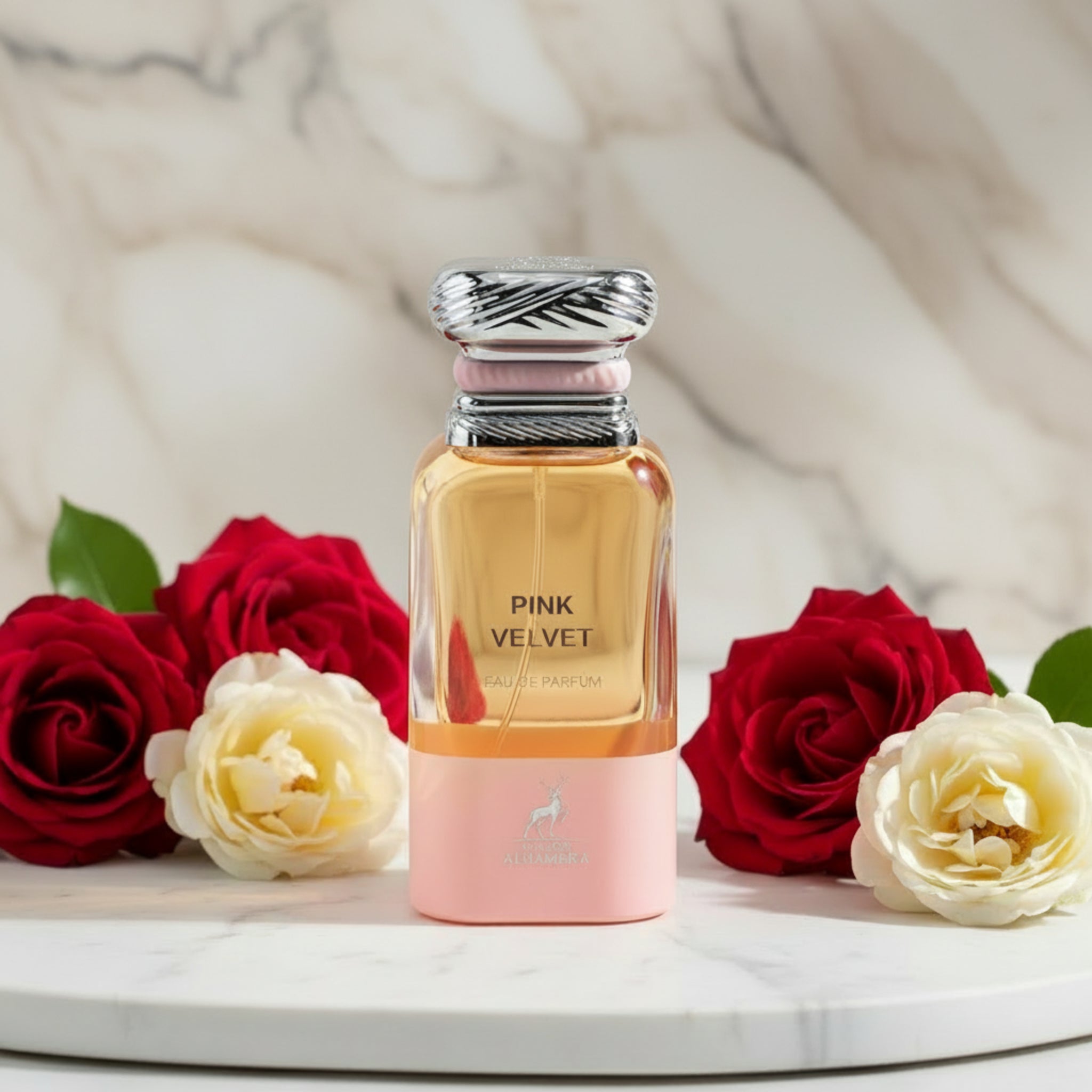 Perfume bottle labeled 'Pink Velvet' with a white background