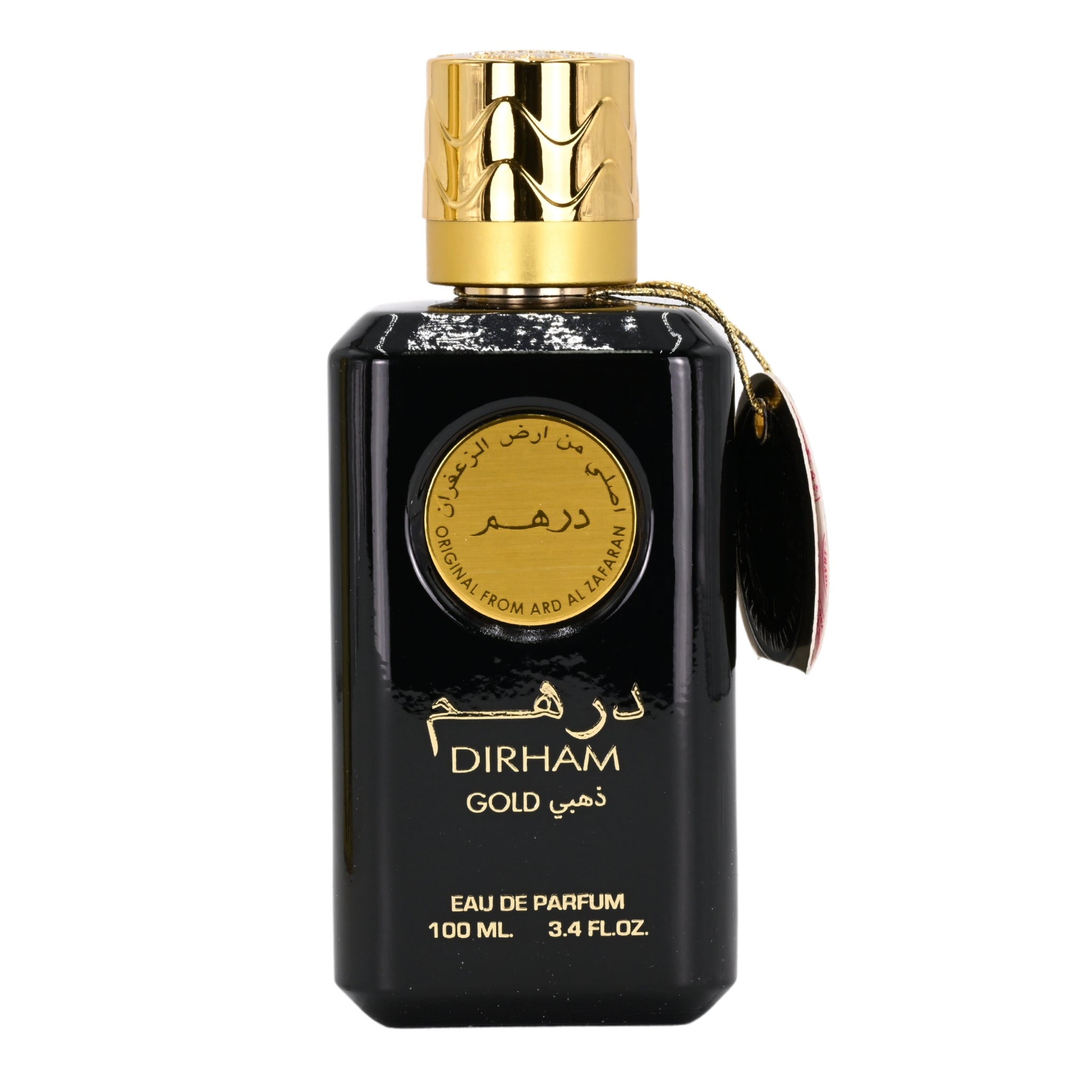 Black perfume bottle with gold cap and label on a white background