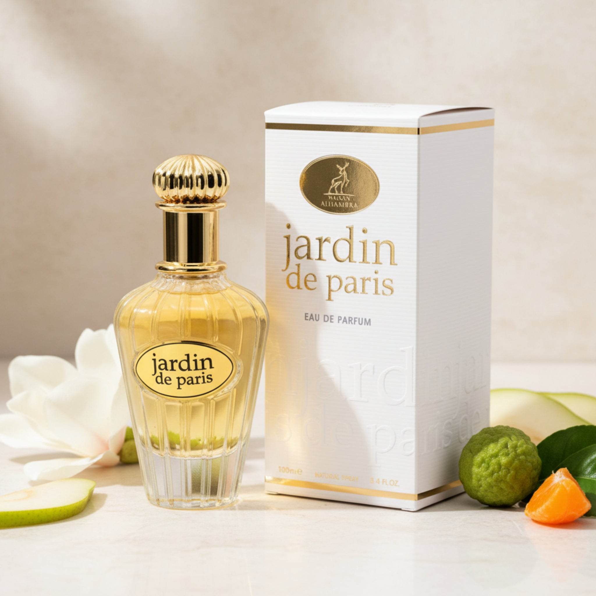 Jardin de Paris perfume bottle and packaging on a white background