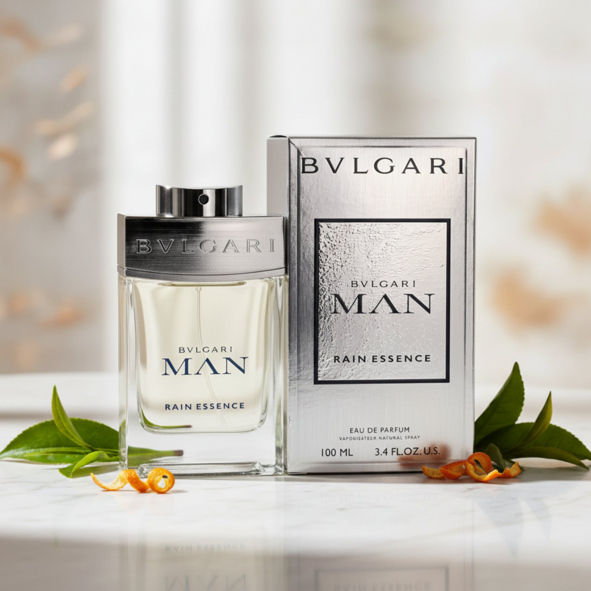 Bulgari Man Rain Essence perfume bottle and packaging on a white background