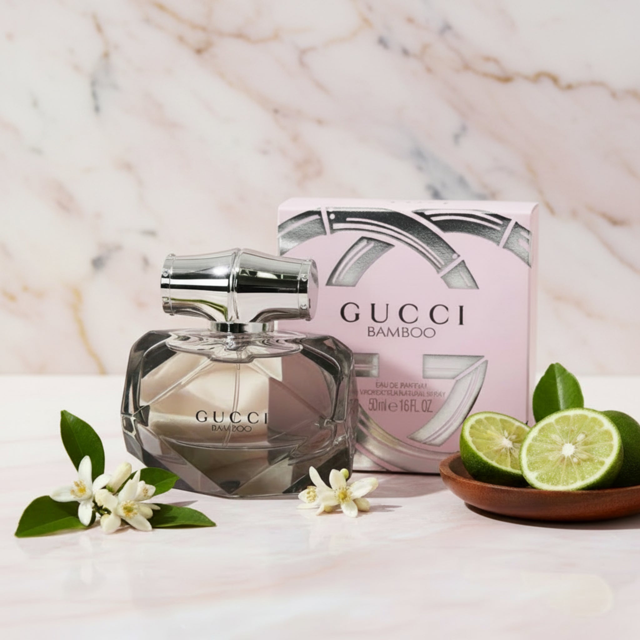 Gucci Bamboo perfume bottle and packaging on a white background