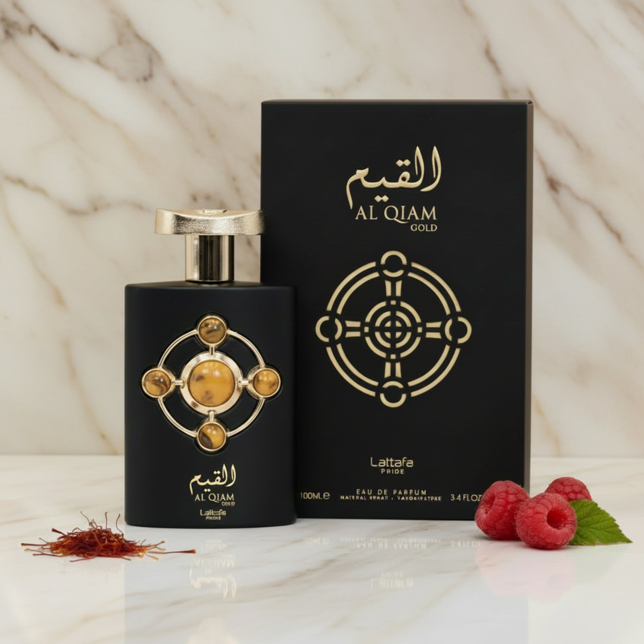 Black perfume bottle and packaging with gold accents on a white background