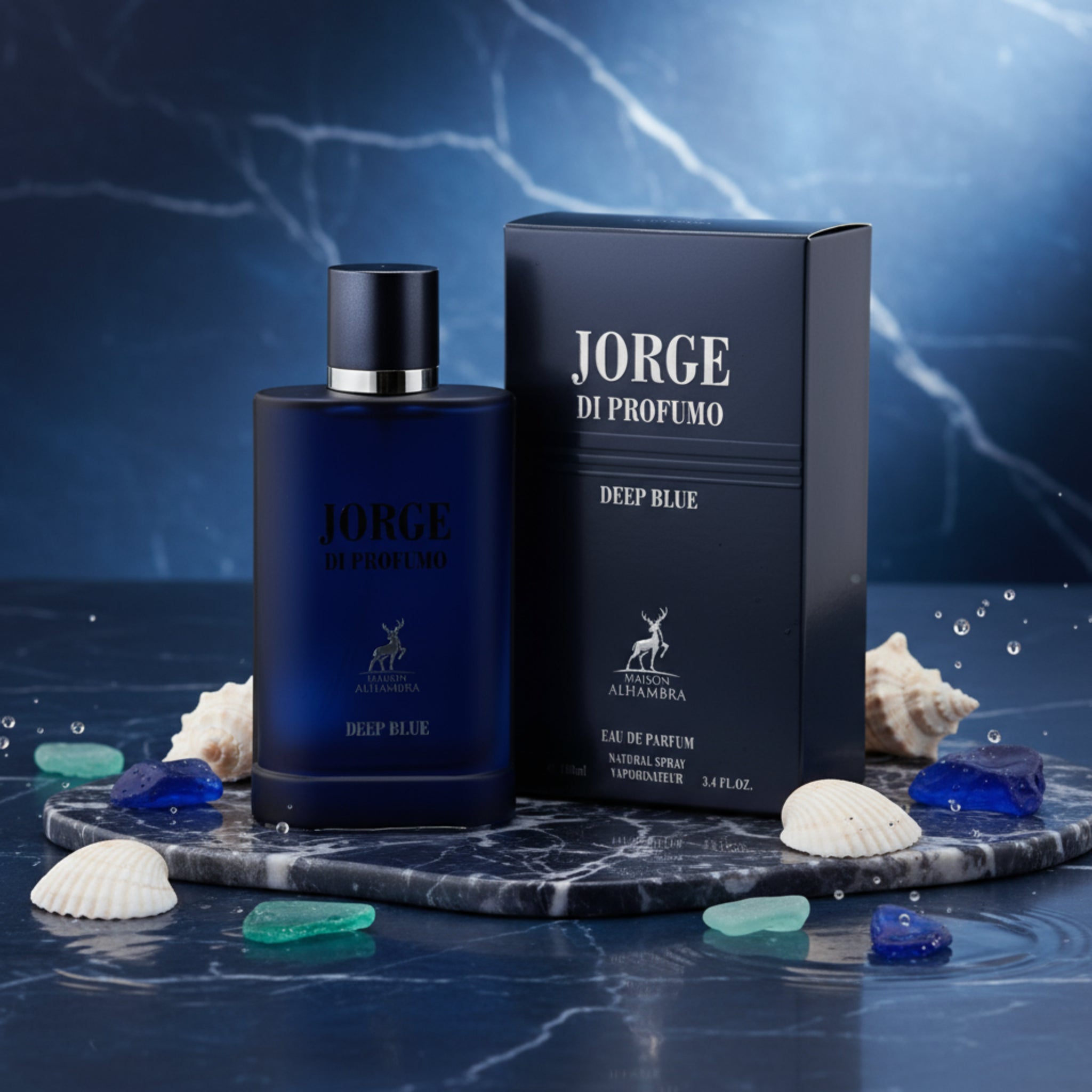 Jorge Di Profumo Deep Blue perfume bottle and packaging on a white background