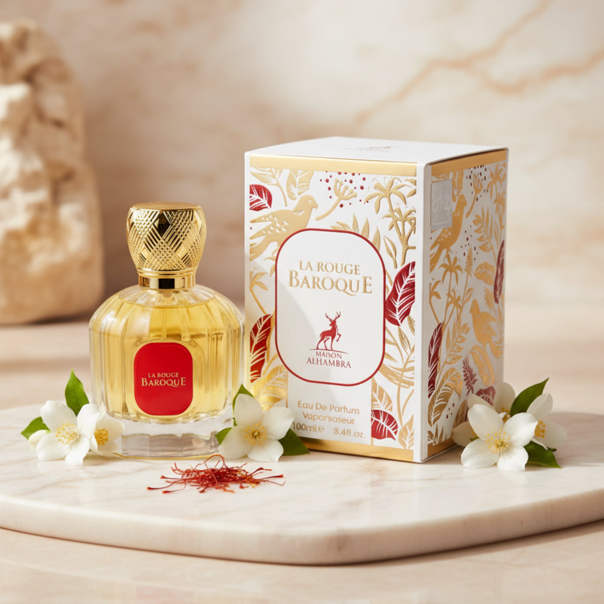 Perfume bottle and packaging of 'La Rouge Baroque' on a white background