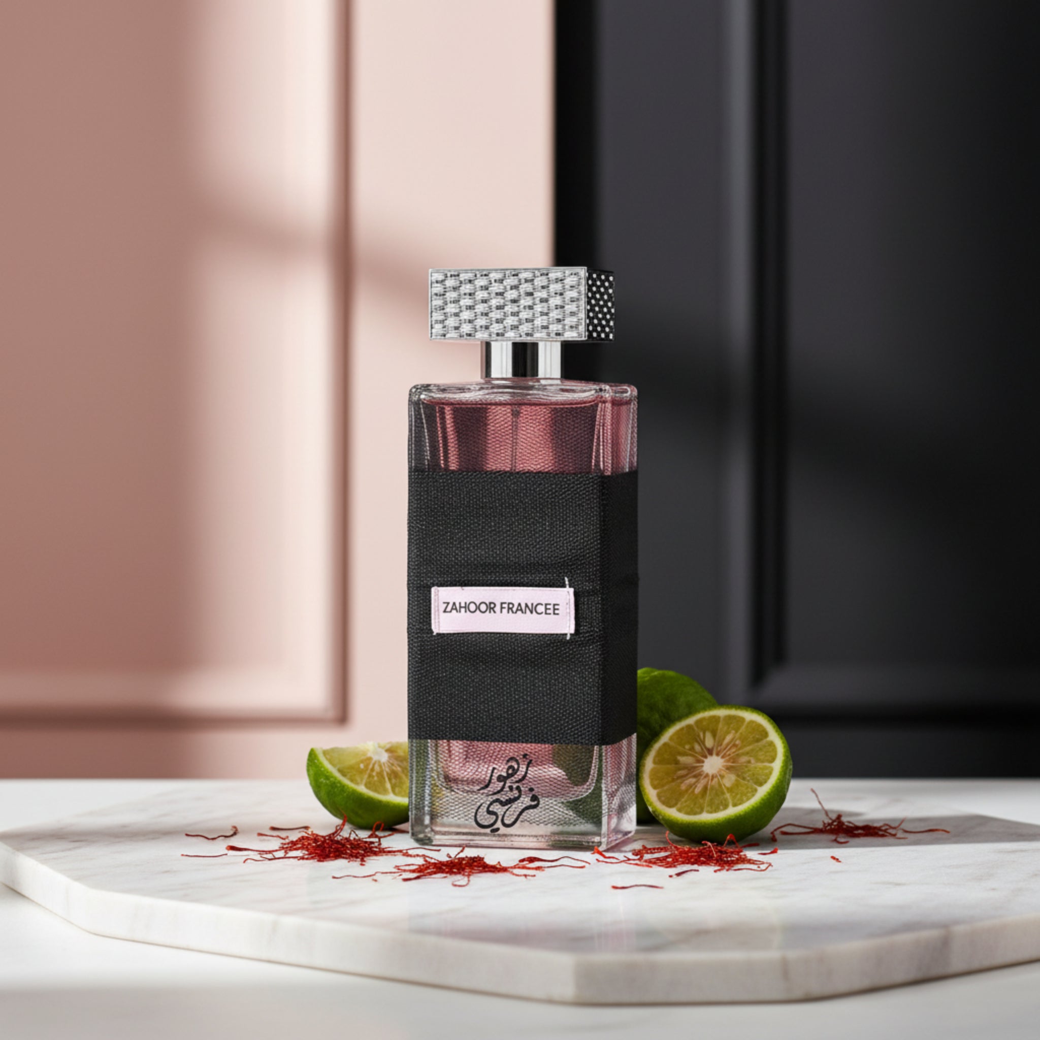 Perfume bottle with floral design and 'Zahoor Francee' label on a white background