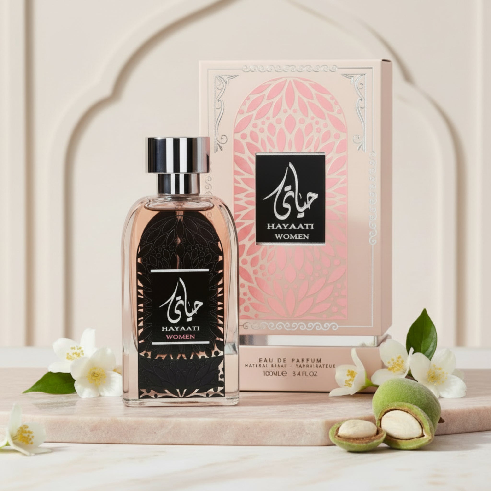 Hayaati women's perfume bottle and packaging on a white background