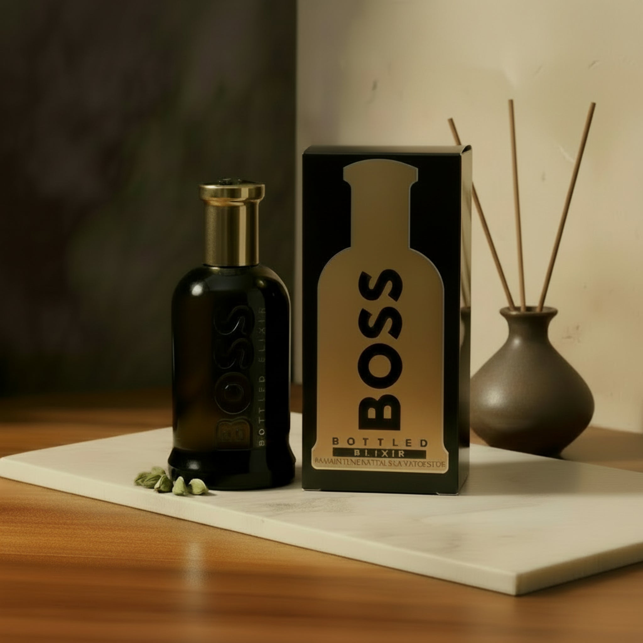 BOSS Bottled Elixir perfume bottle and packaging on a white background