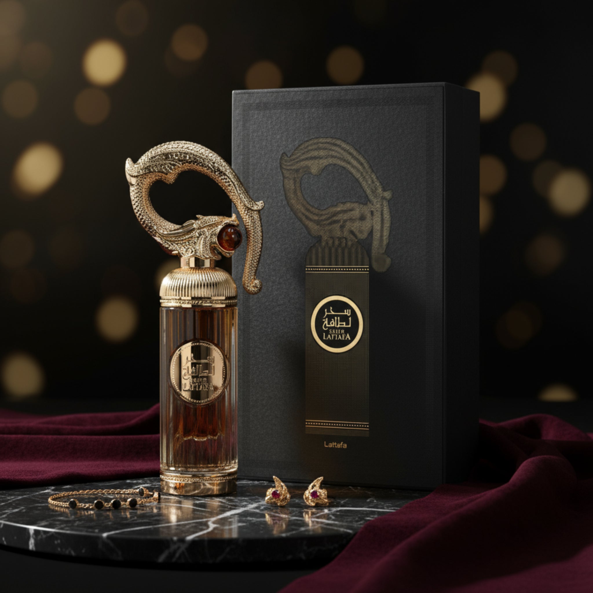 Perfume bottle with gold accents and a black box featuring a brand logo on a white background