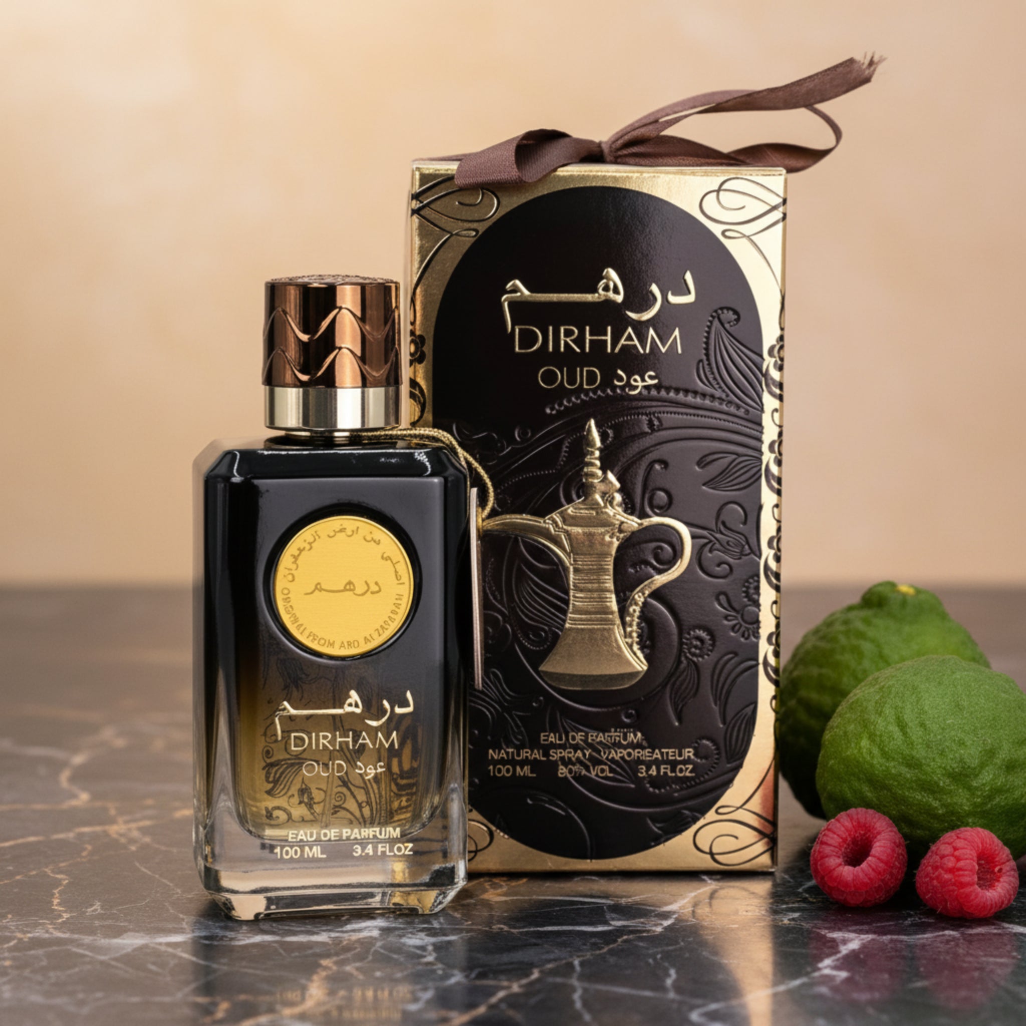 Dirham Oud perfume bottle and packaging on a white background