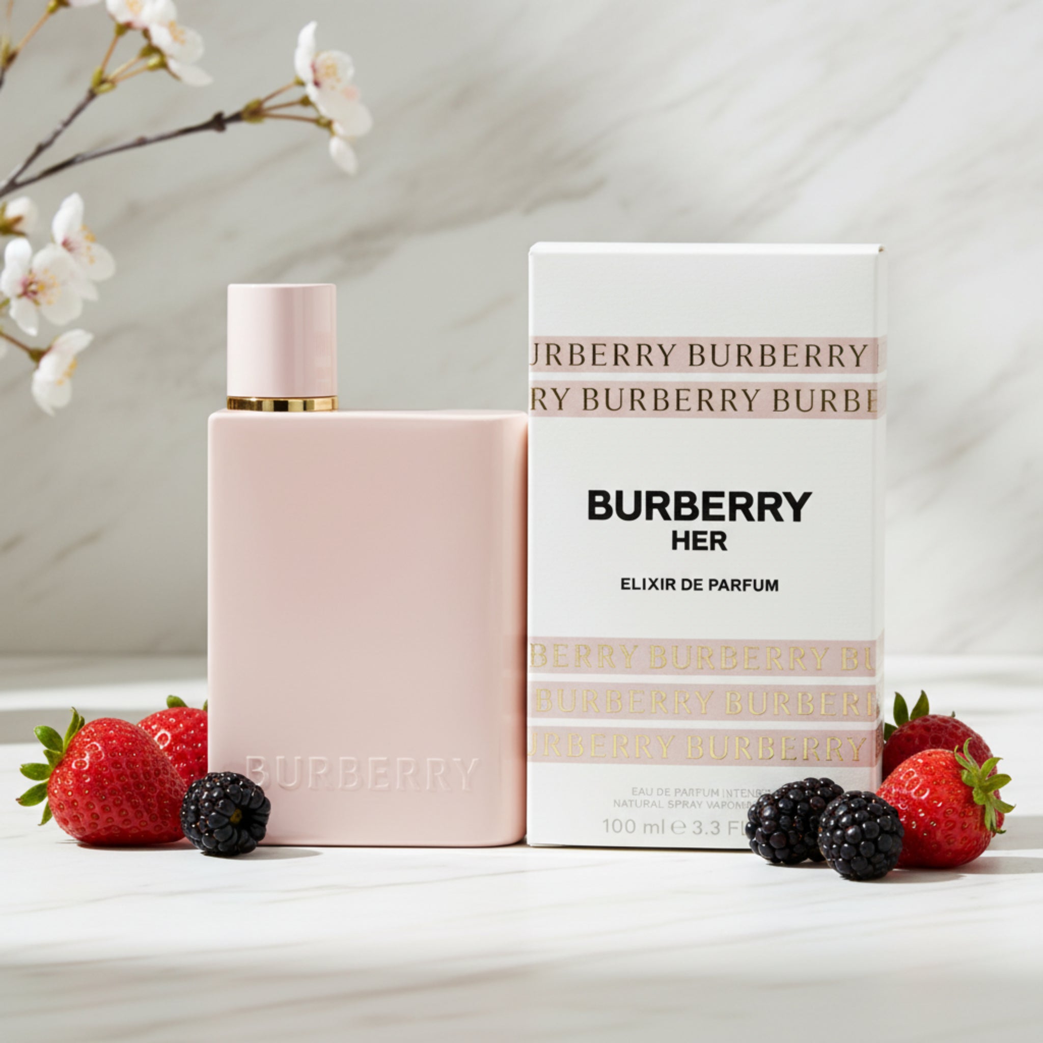 Burberry perfume bottle and packaging on a white background