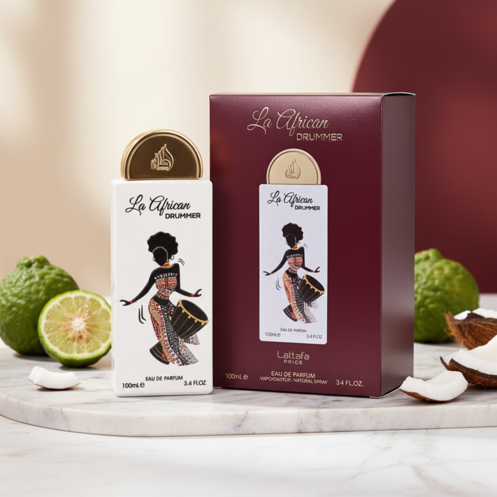 La African Drummer perfume bottle and packaging on a white background