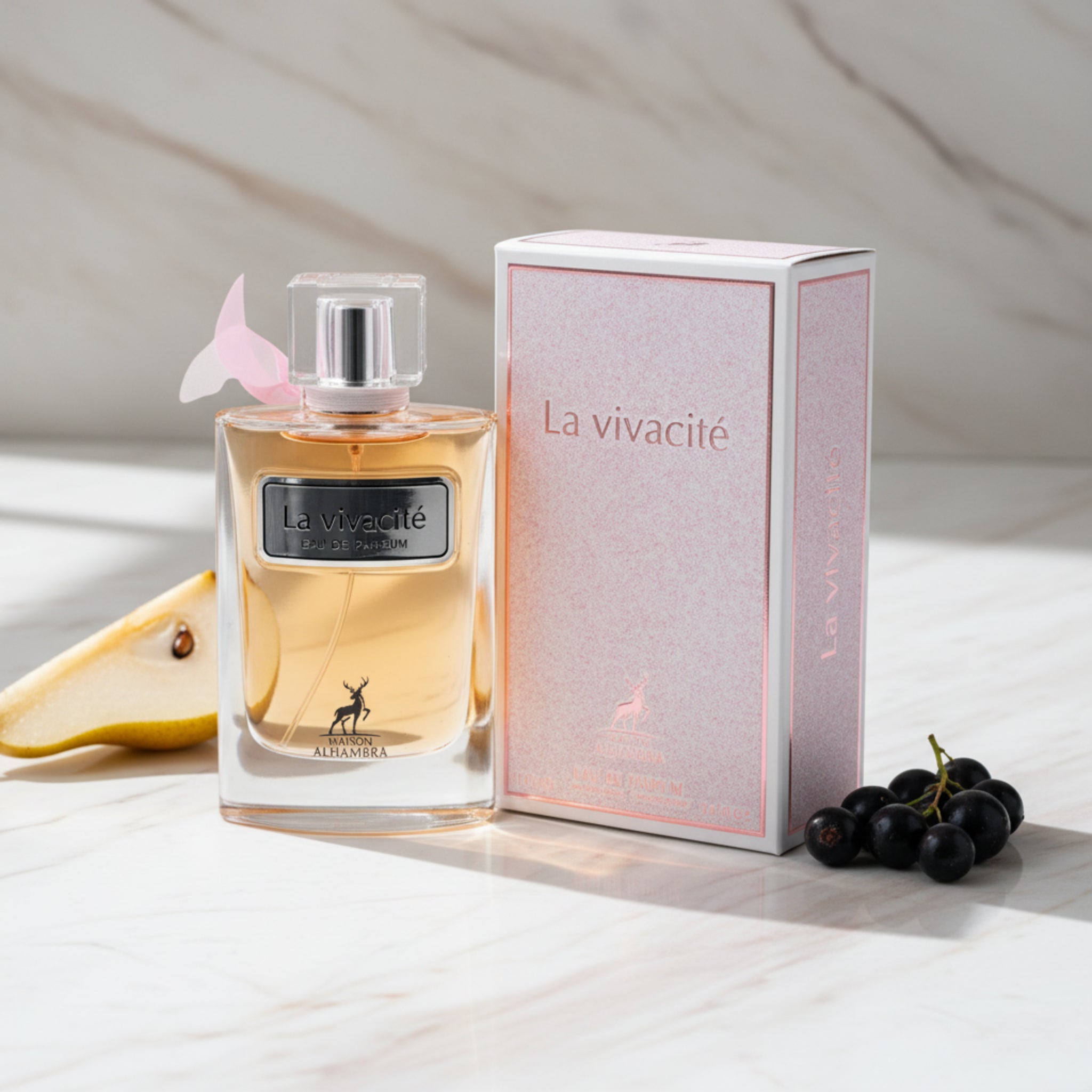 Perfume bottle and packaging of 'La Vivacite' on a white background