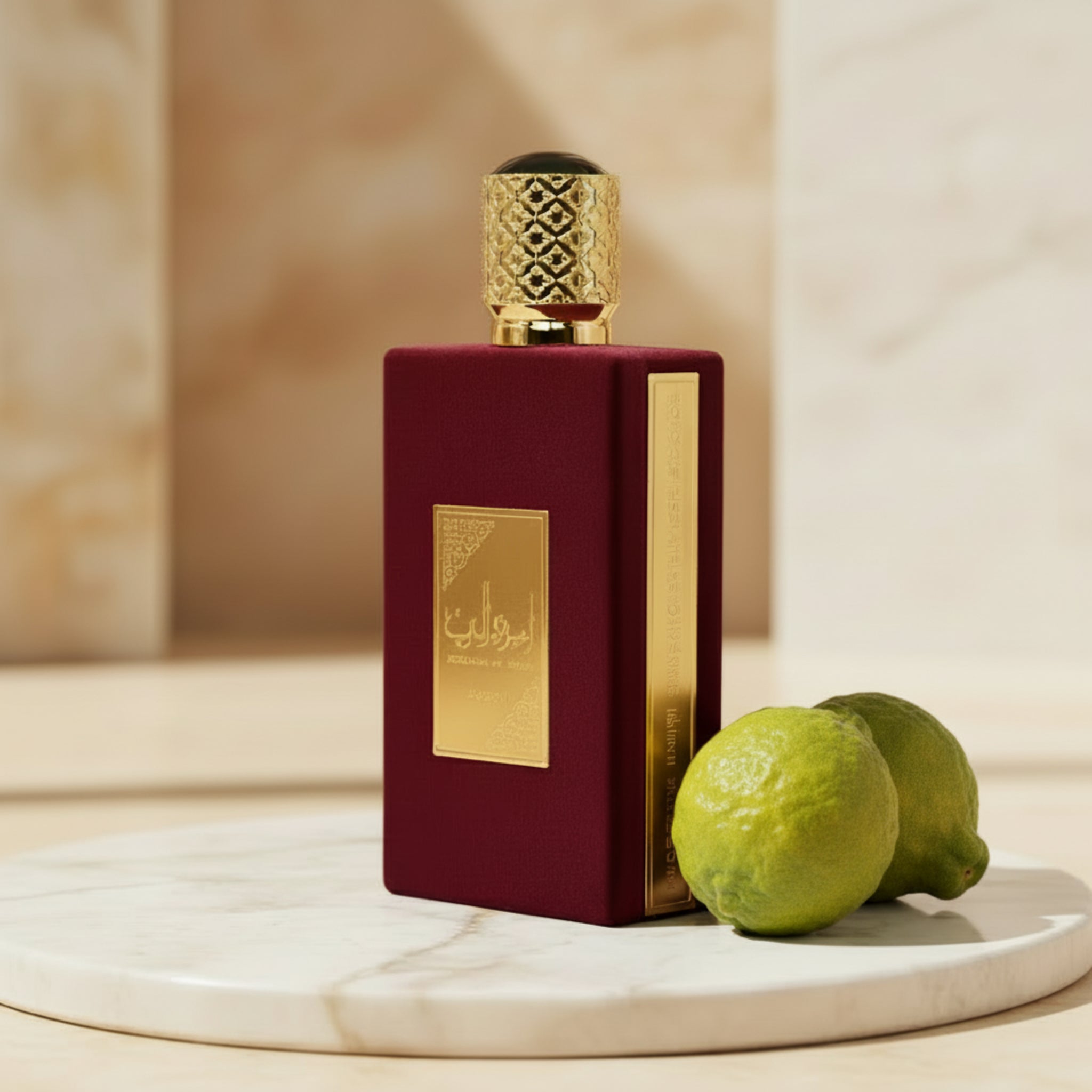 Red and gold perfume bottle with intricate cap on a white background