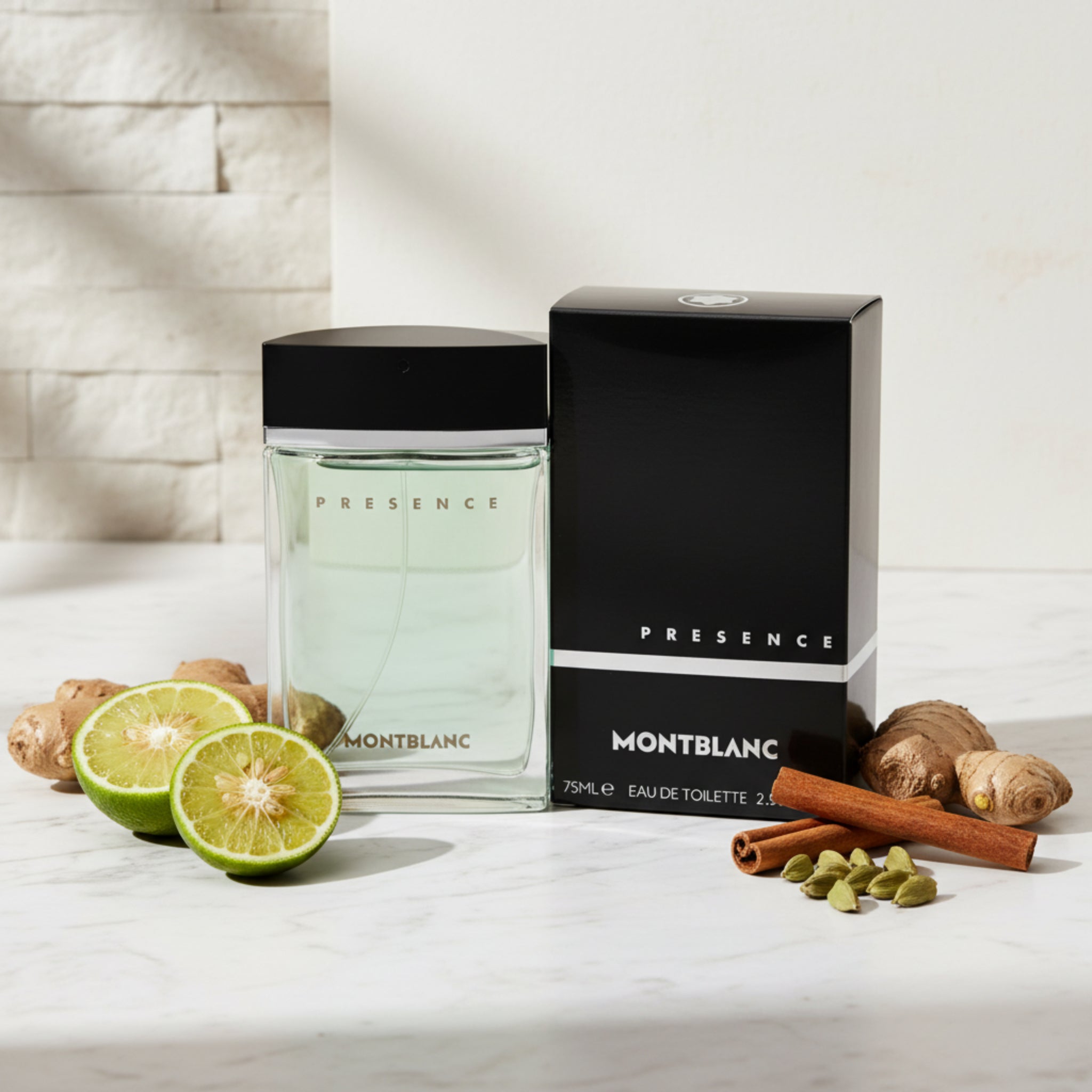 Montblanc Presence perfume bottle and packaging on a white background